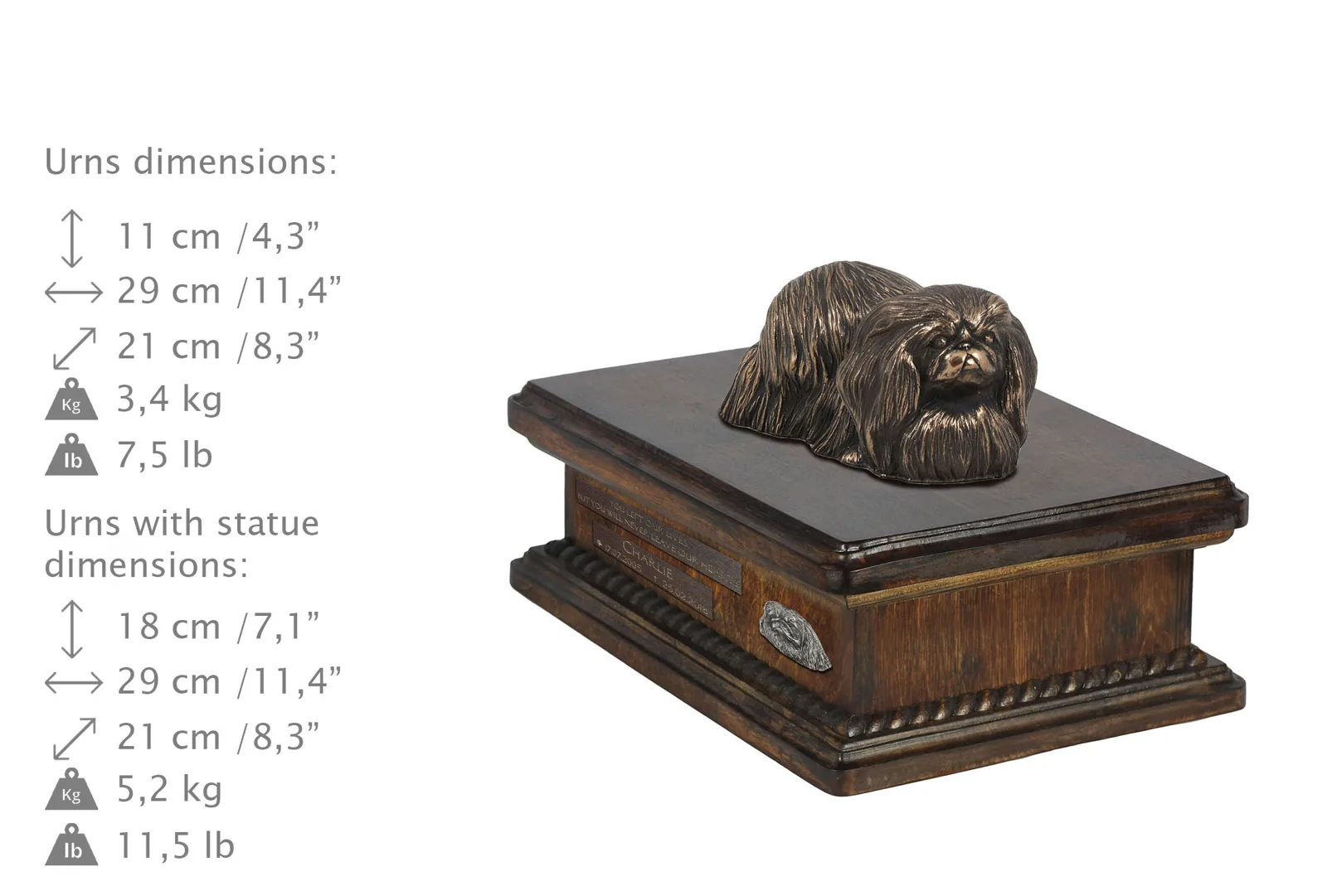 Persoonlijke houten urn met Pekingees beeldje voor hondenas. — foto 4