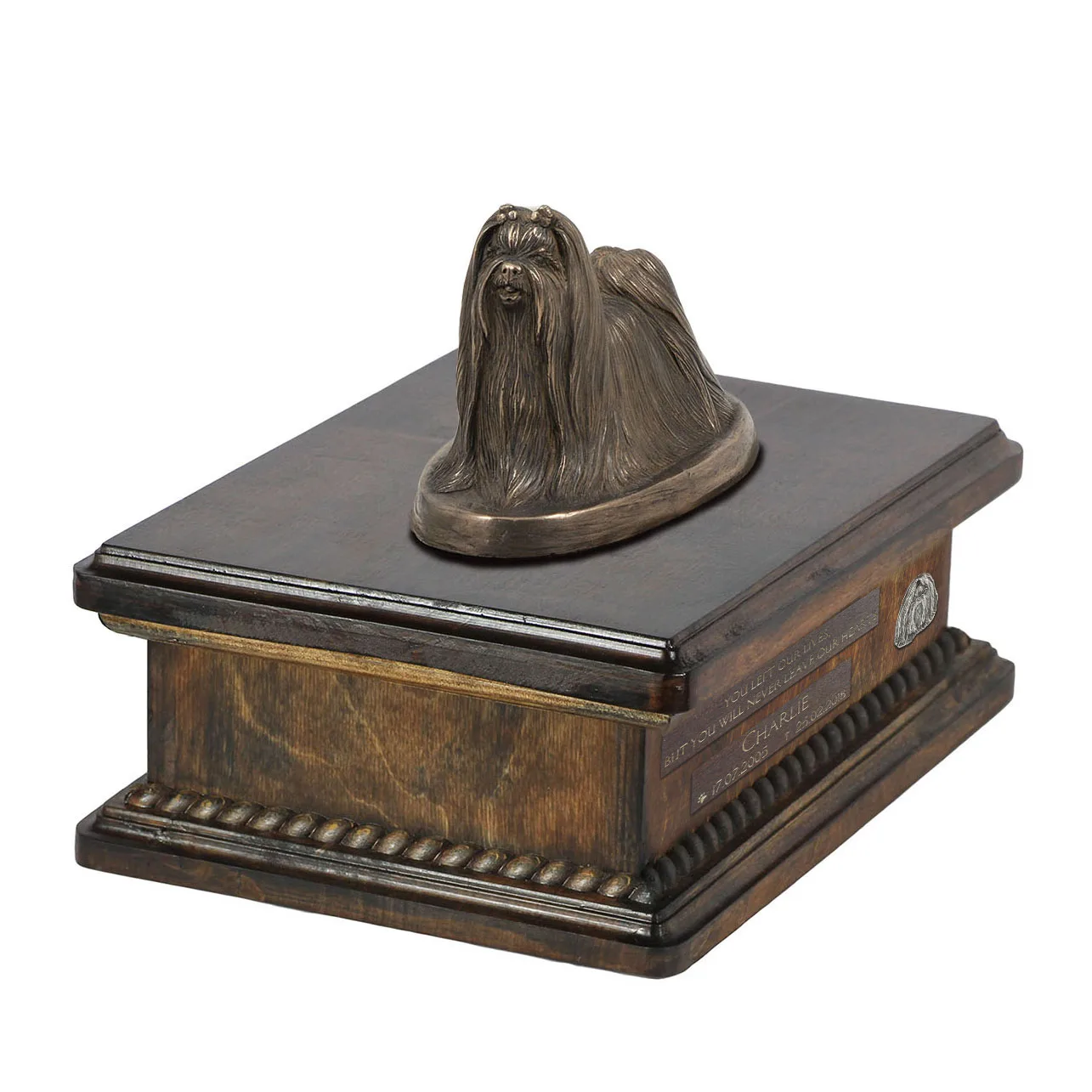 Persoonlijke houten urn met Shih Tzu beeldje voor hondenas. — foto 2