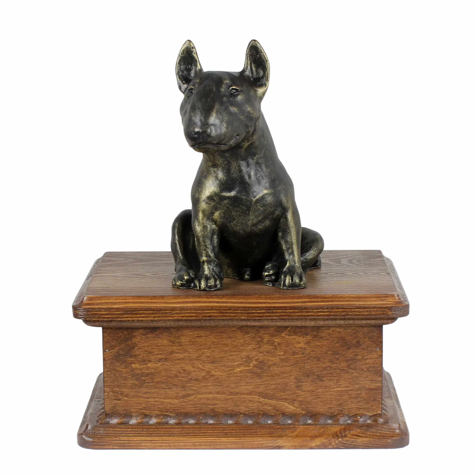 Persoonlijke houten urn voor Bull Terrier met beeldje voor hondenas.