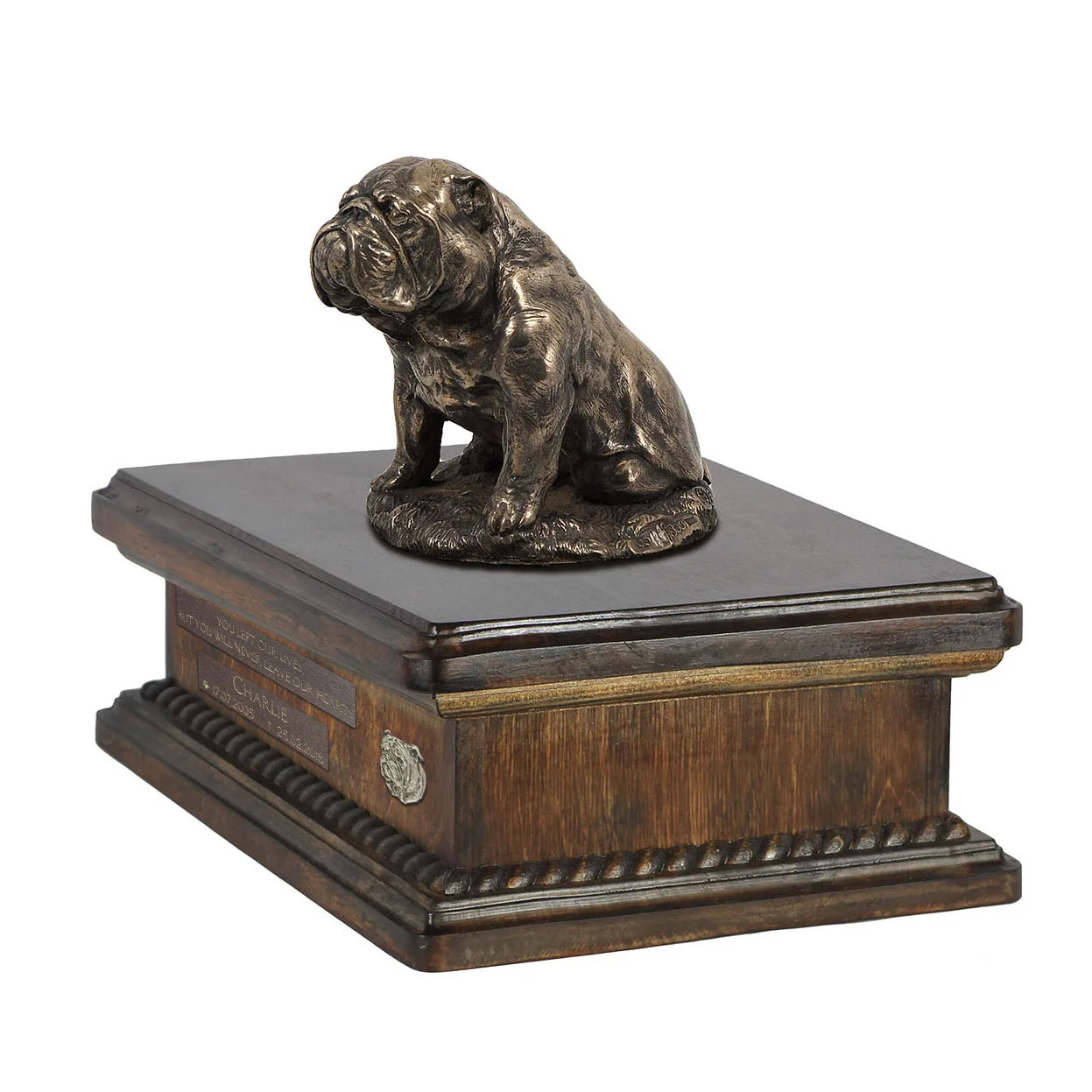 Persoonlijke houten urn voor bulldog as met beeldje — foto 2