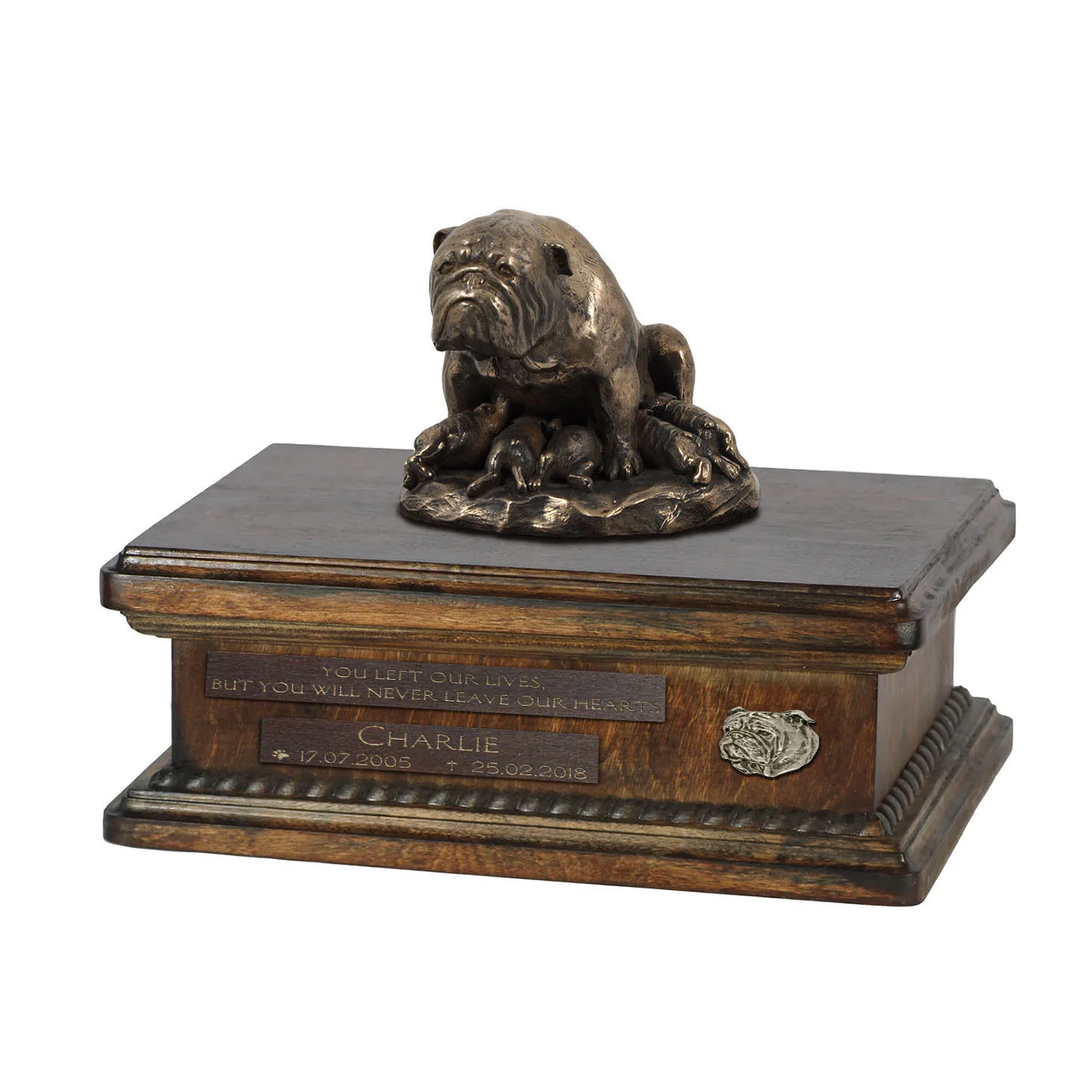 Persoonlijke houten urn voor bulldog as met beeldje