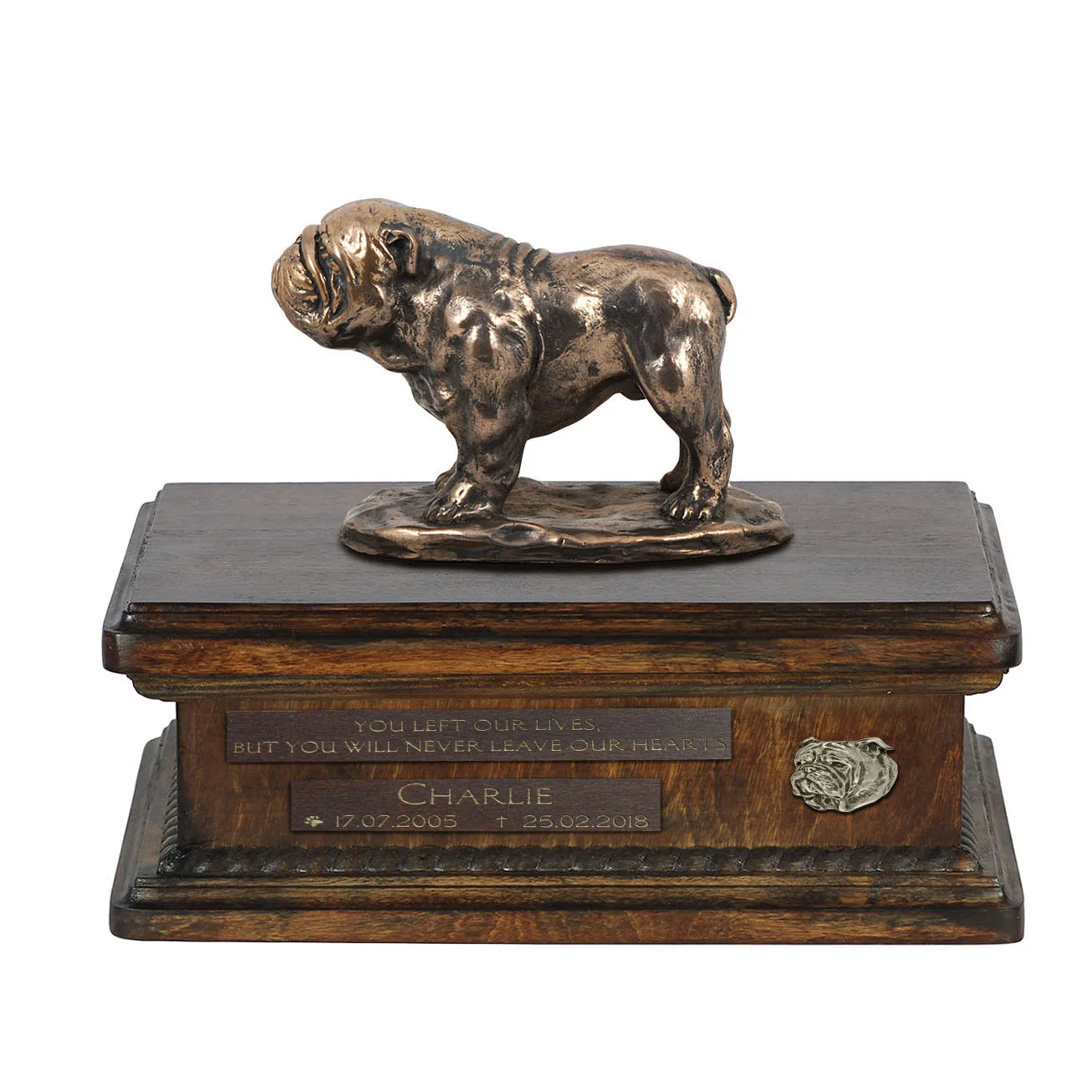 Persoonlijke houten urn voor bulldog as met beeldje