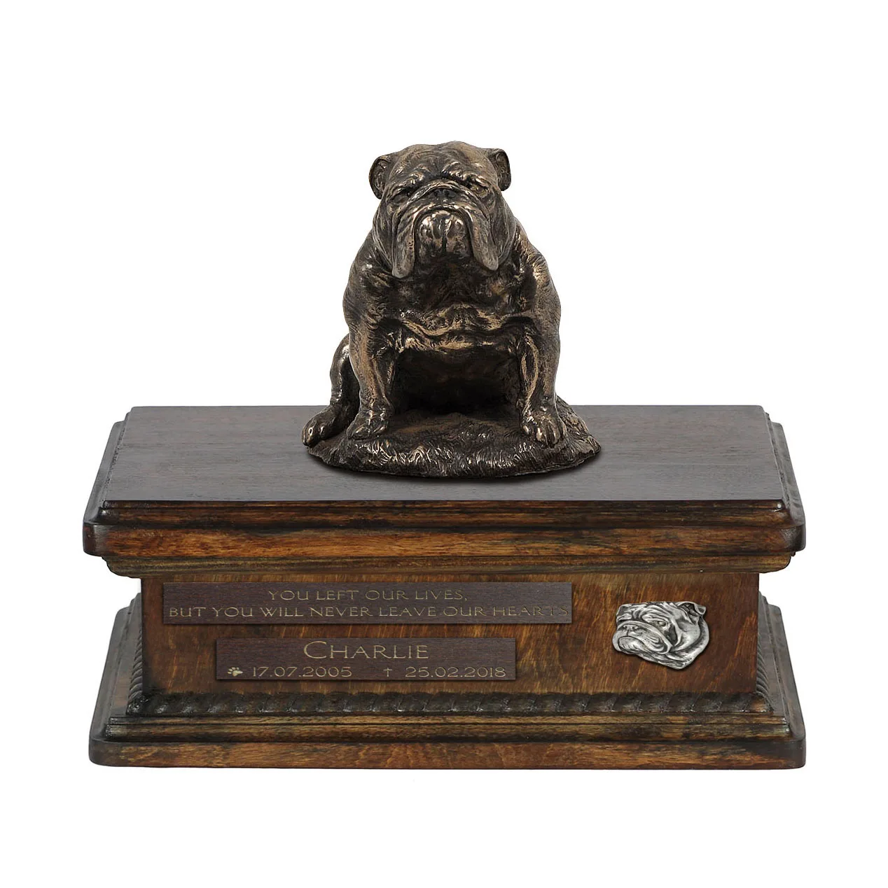 Persoonlijke houten urn voor bulldog as met beeldje