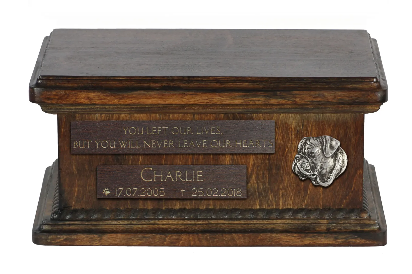 Persoonlijke houten urn voor Bullmastiff as met gravure, klein formaat