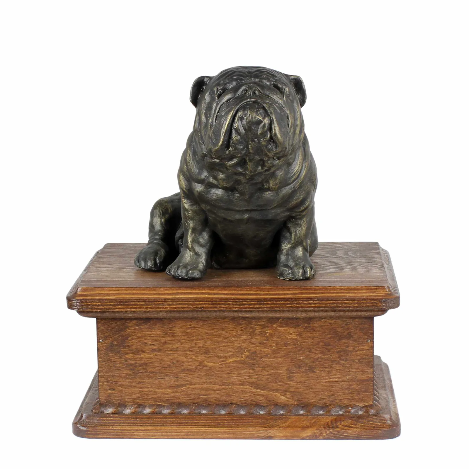 Persoonlijke houten urn voor Engelse Bulldog met beeldje voor hondenas.