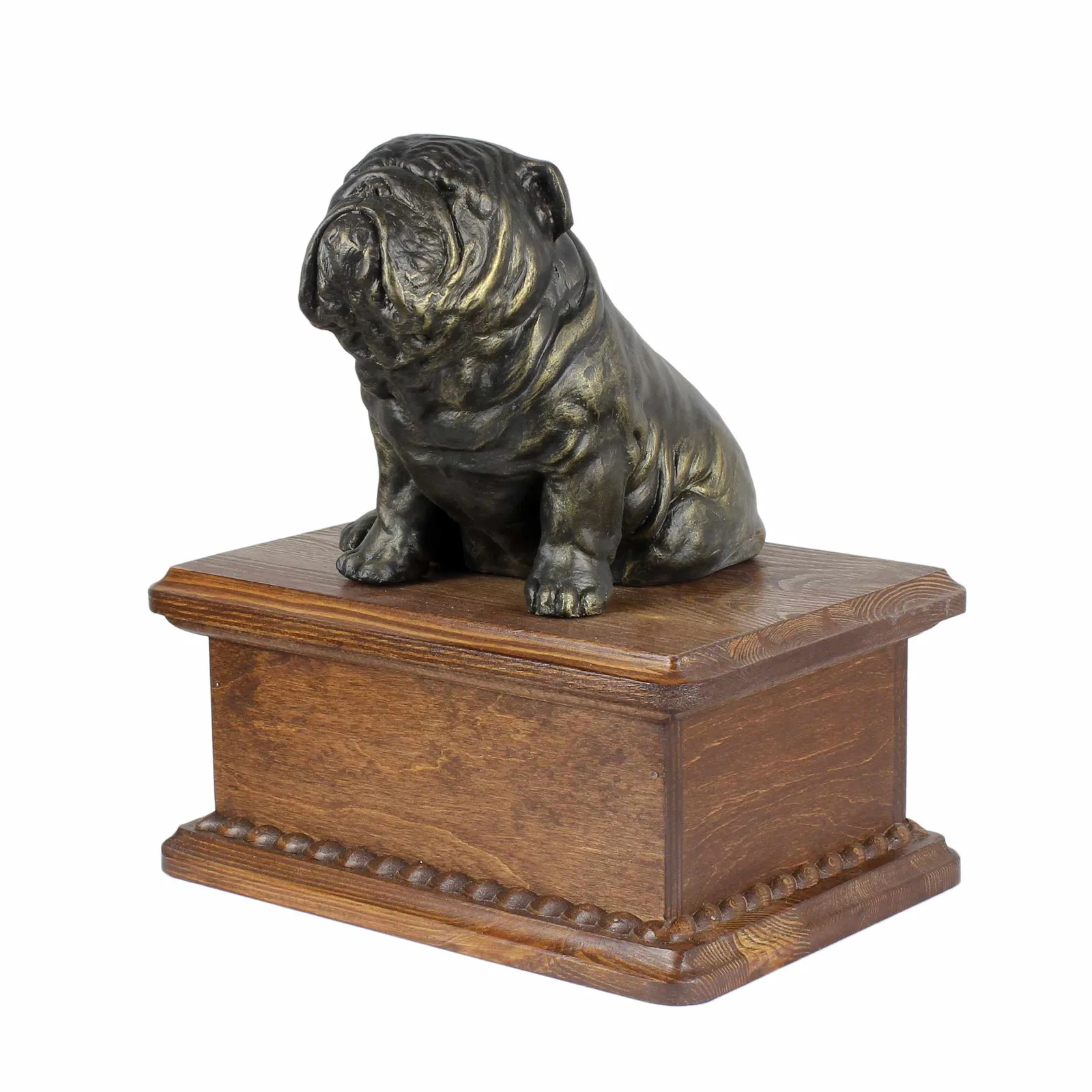 Persoonlijke houten urn voor Engelse Bulldog met beeldje voor hondenas. — foto 2