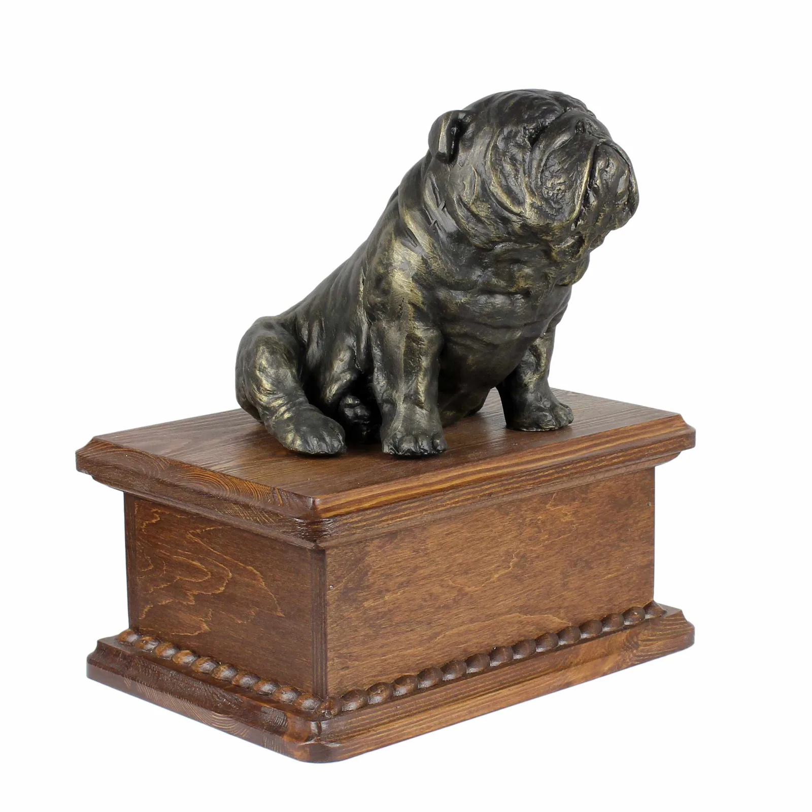 Persoonlijke houten urn voor Engelse Bulldog met beeldje voor hondenas. — foto 3