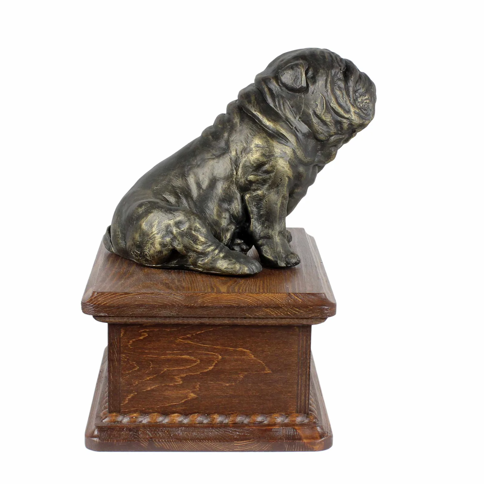 Persoonlijke houten urn voor Engelse Bulldog met beeldje voor hondenas. — foto 4