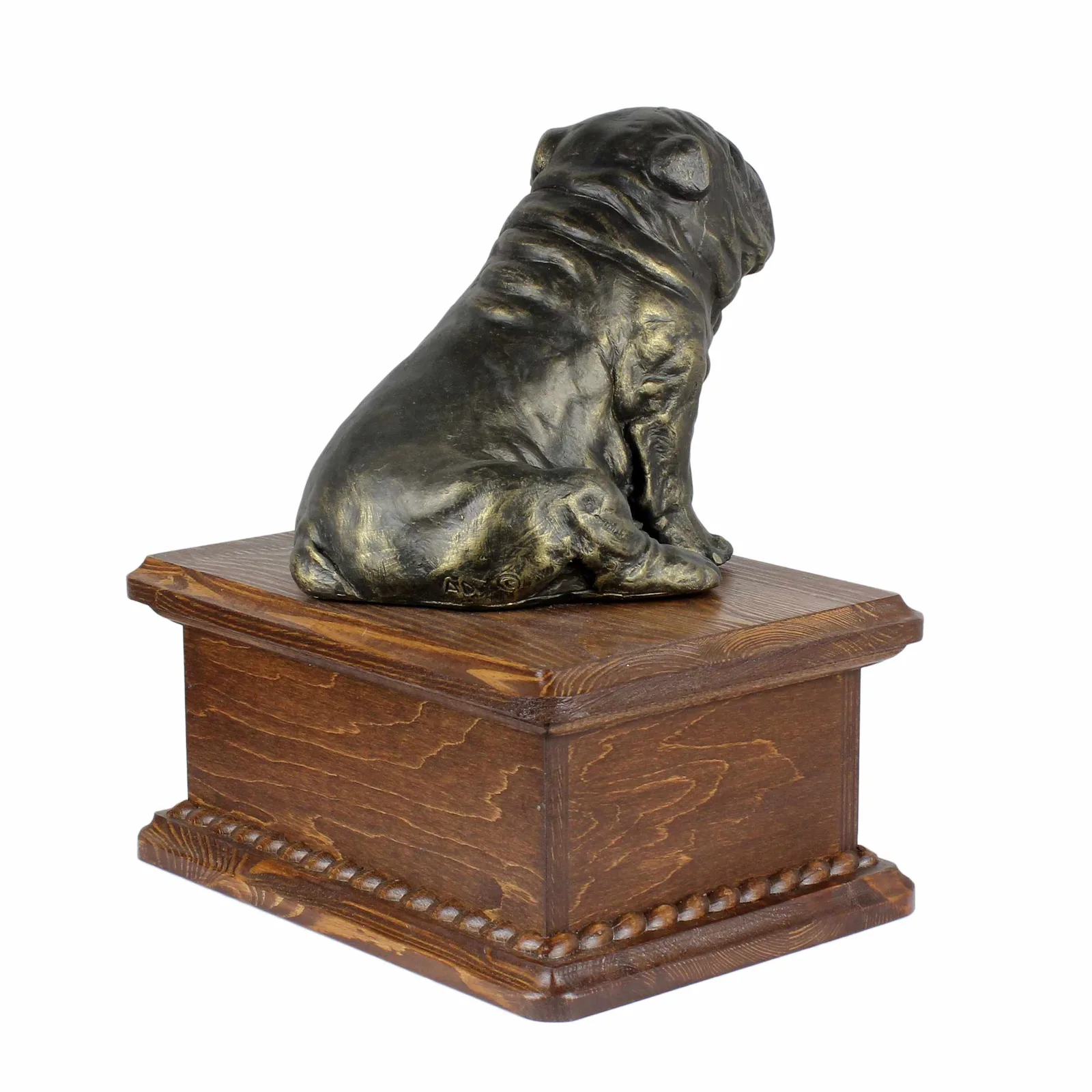 Persoonlijke houten urn voor Engelse Bulldog met beeldje voor hondenas. — foto 5