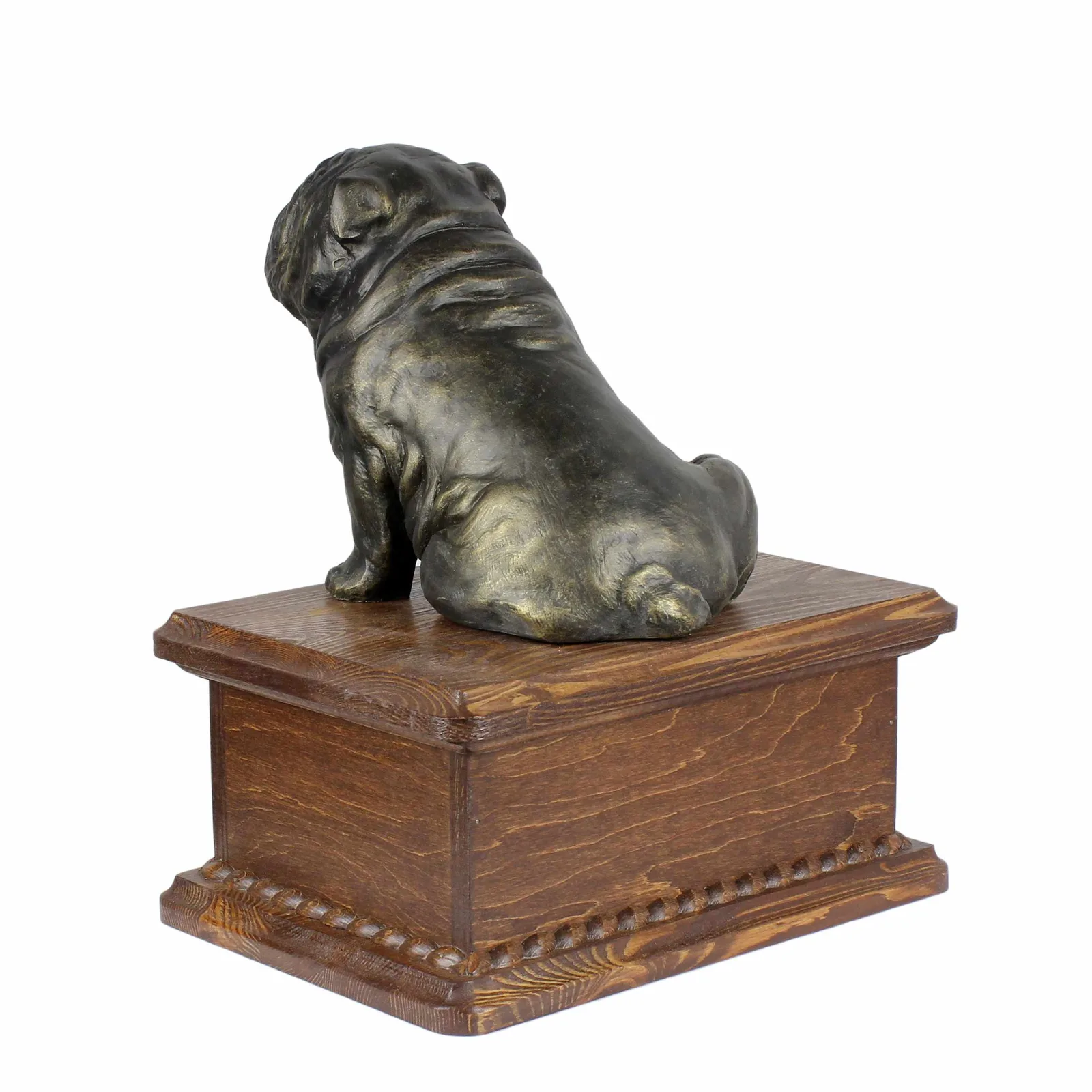 Persoonlijke houten urn voor Engelse Bulldog met beeldje voor hondenas. — foto 7