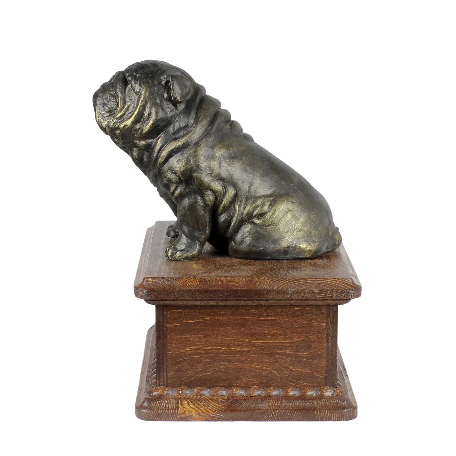 Persoonlijke houten urn voor Engelse Bulldog met beeldje voor hondenas. — foto 8