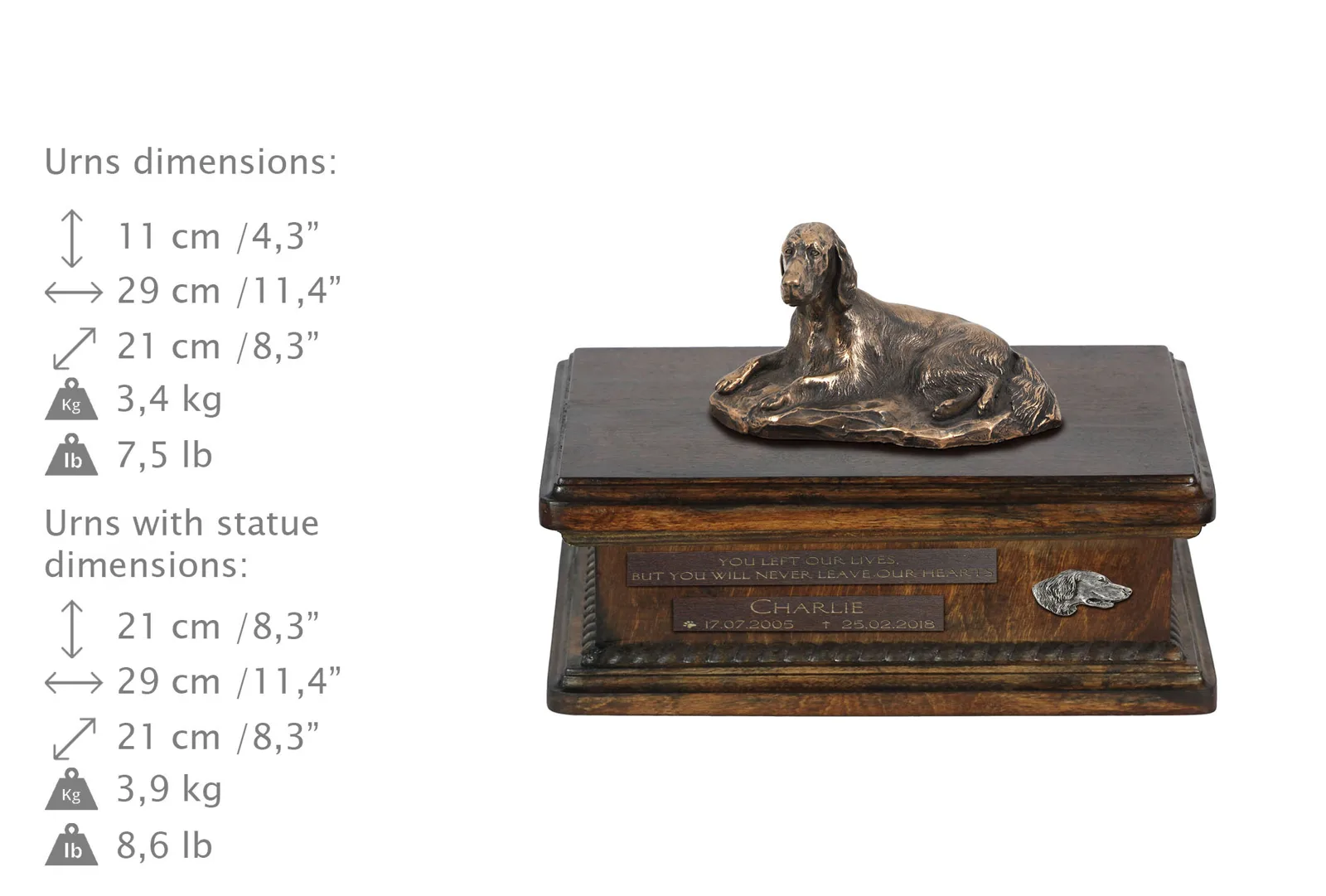 Persoonlijke houten urn voor Engelse Setter met beeldje van hond — foto 4
