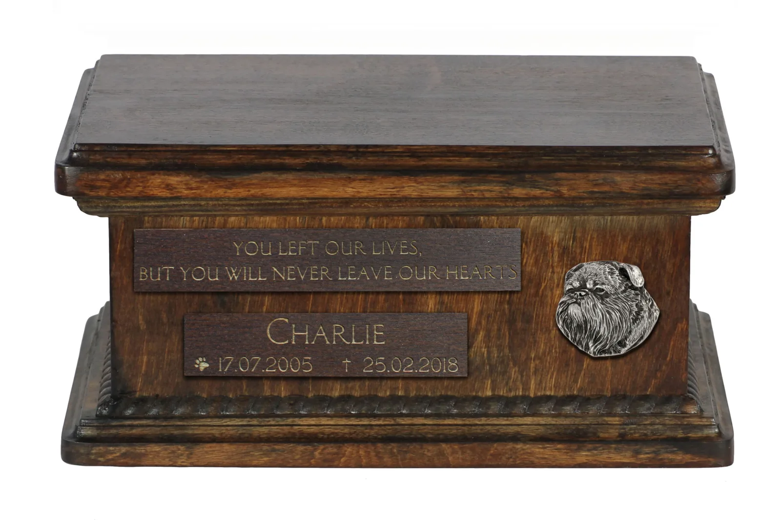 Persoonlijke houten urn voor Griffon Bruxellois hondenas met gravure