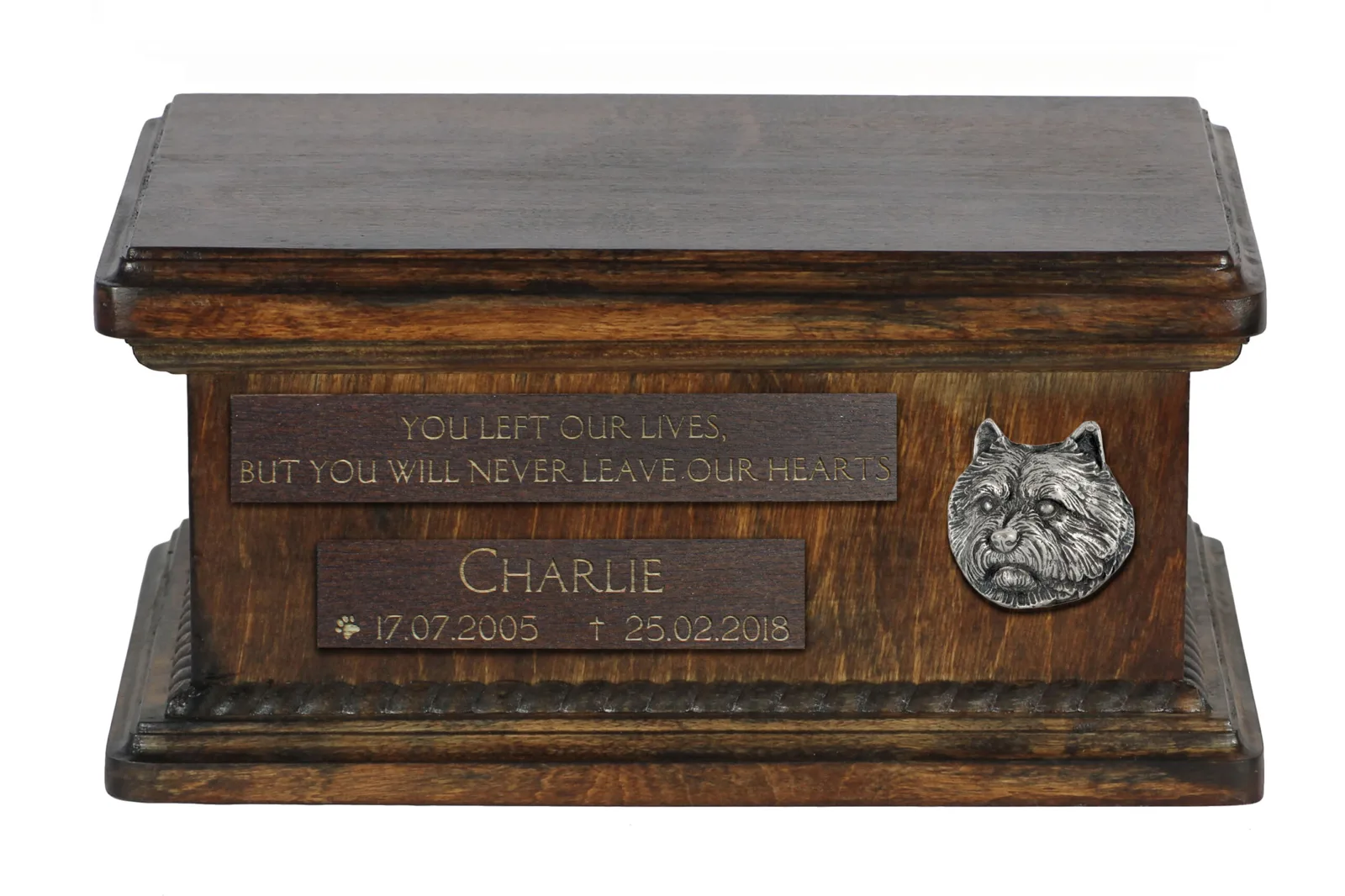 Persoonlijke houten urn voor Norwich Terrier as met gravure