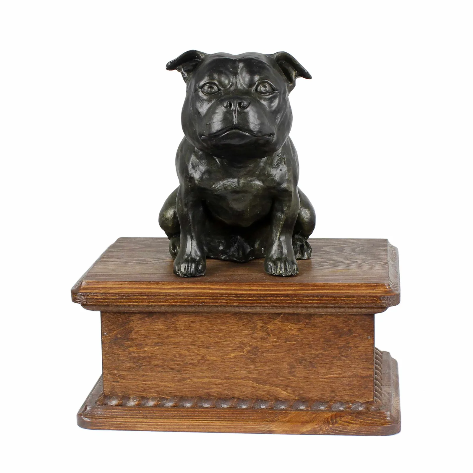 Persoonlijke houten urn voor Staffordshire Bull Terrier met beeldje