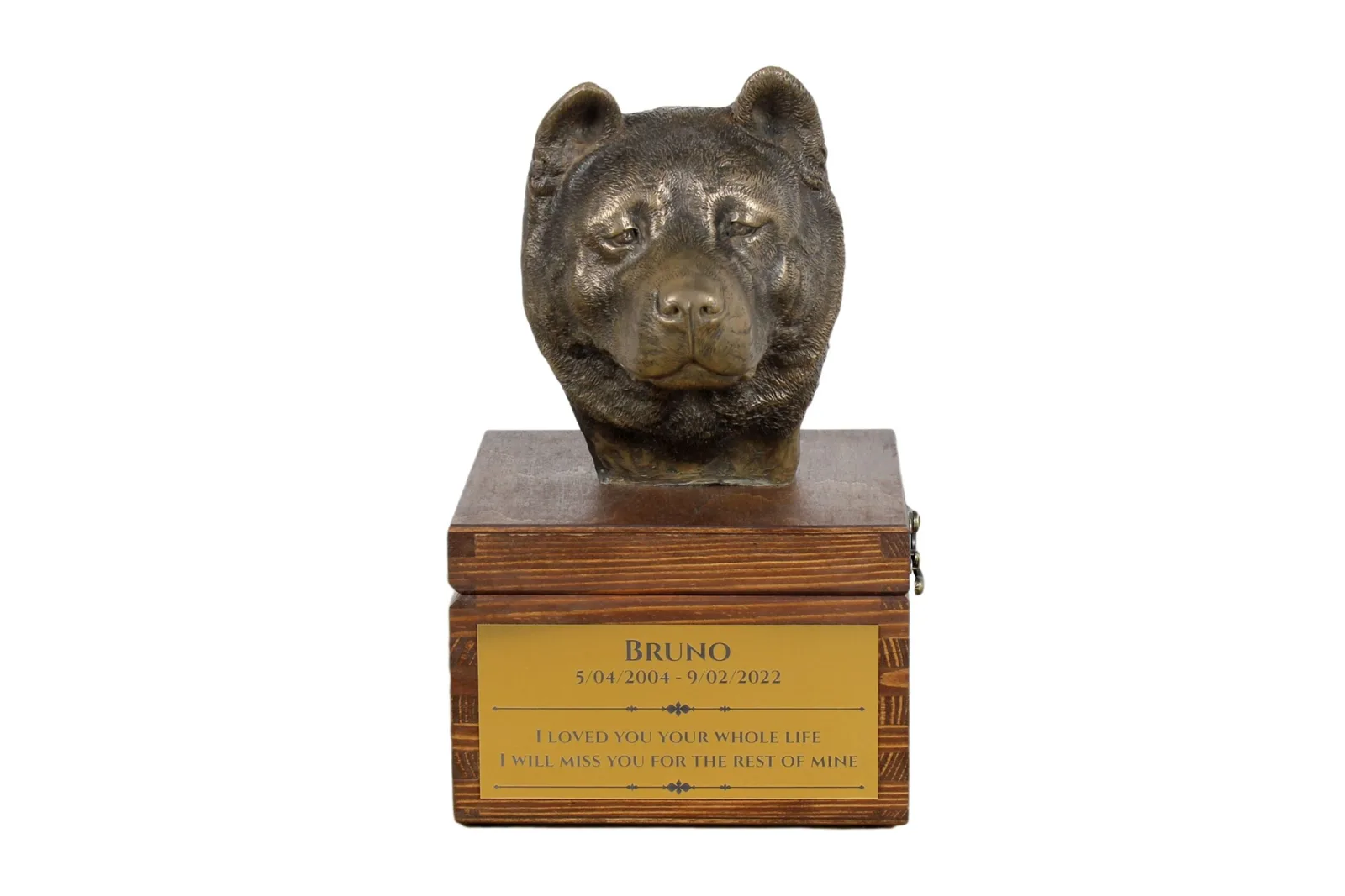Persoonlijke urn voor Akita met hondenstandbeeld en ascontainer