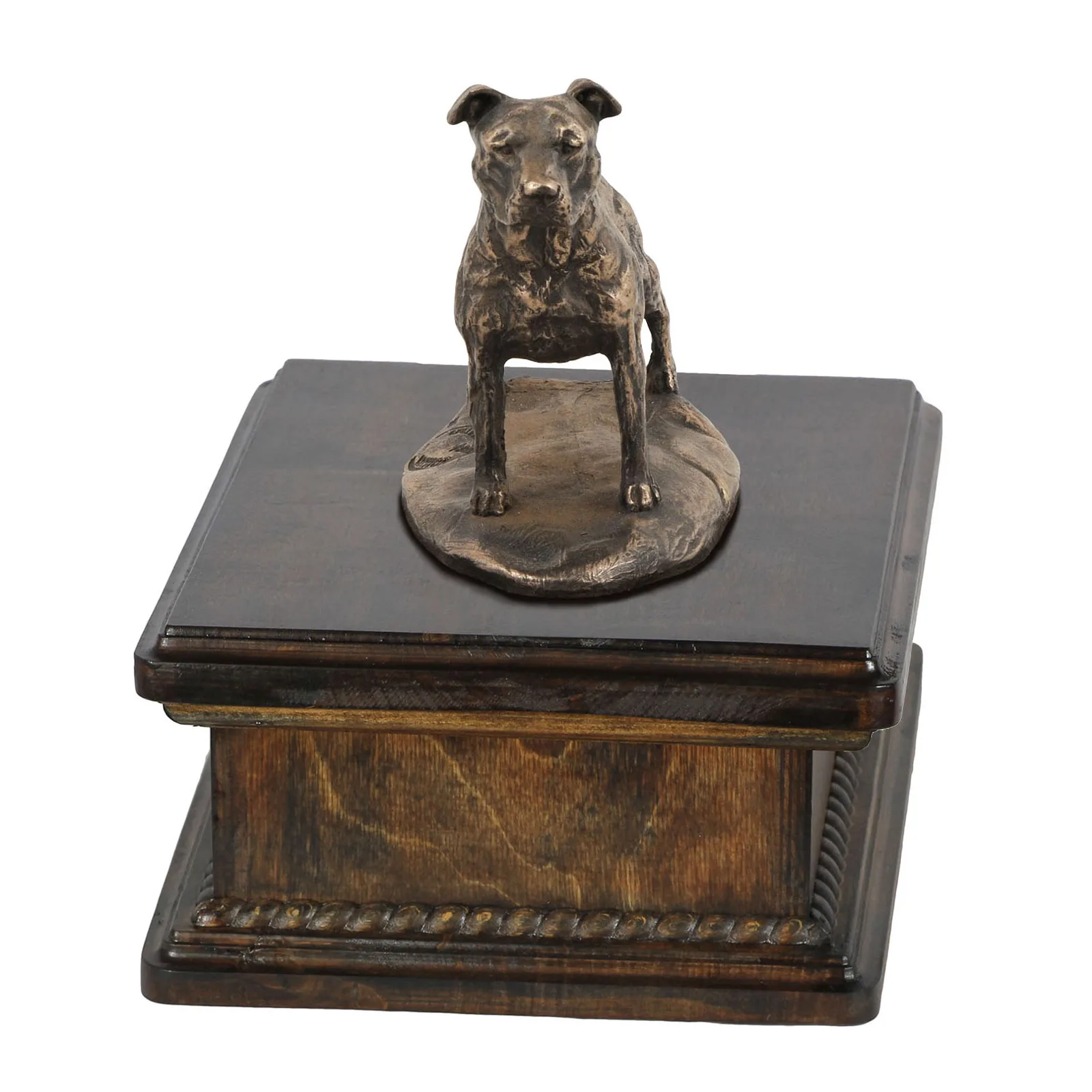 Persoonlijke urn voor American Staffordshire Terrier met beeldje en hout. — foto 2