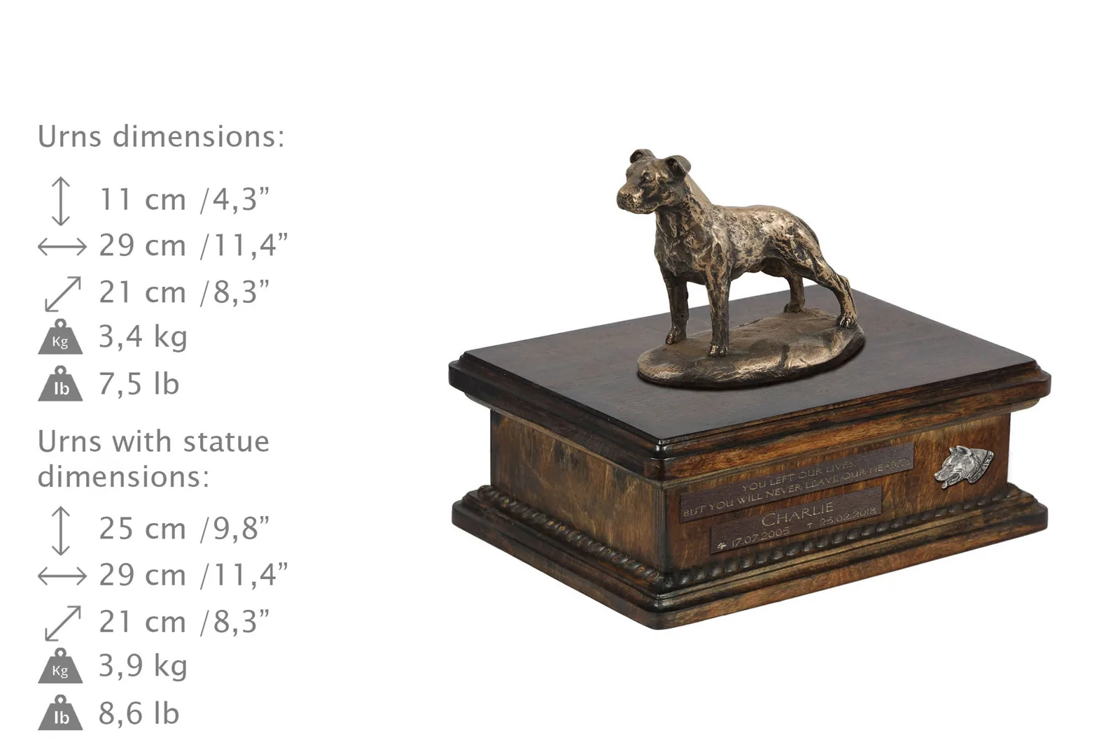 Persoonlijke urn voor American Staffordshire Terrier met beeldje en hout. — foto 4
