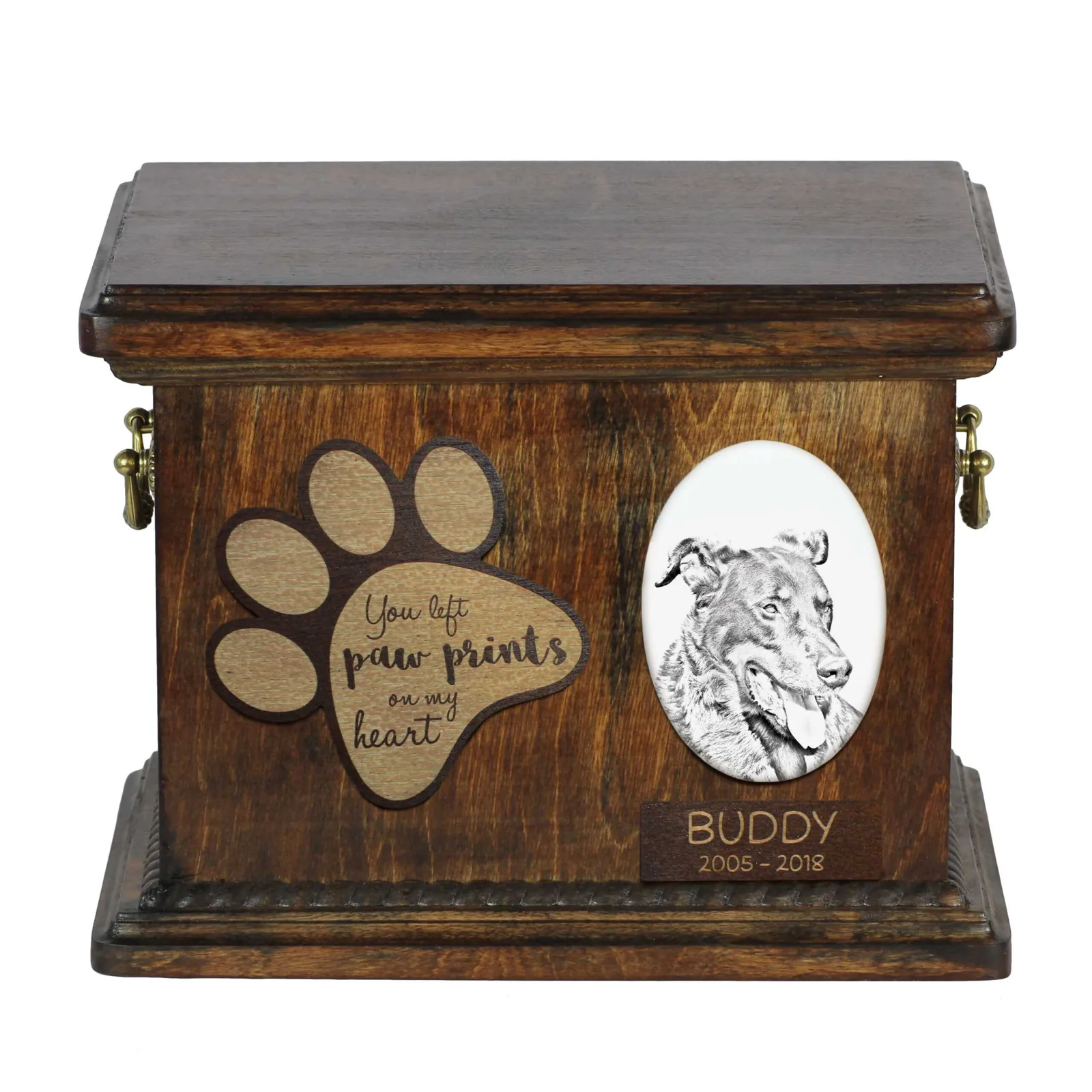 Persoonlijke urn voor Beauceron met foto en as van uw hond
