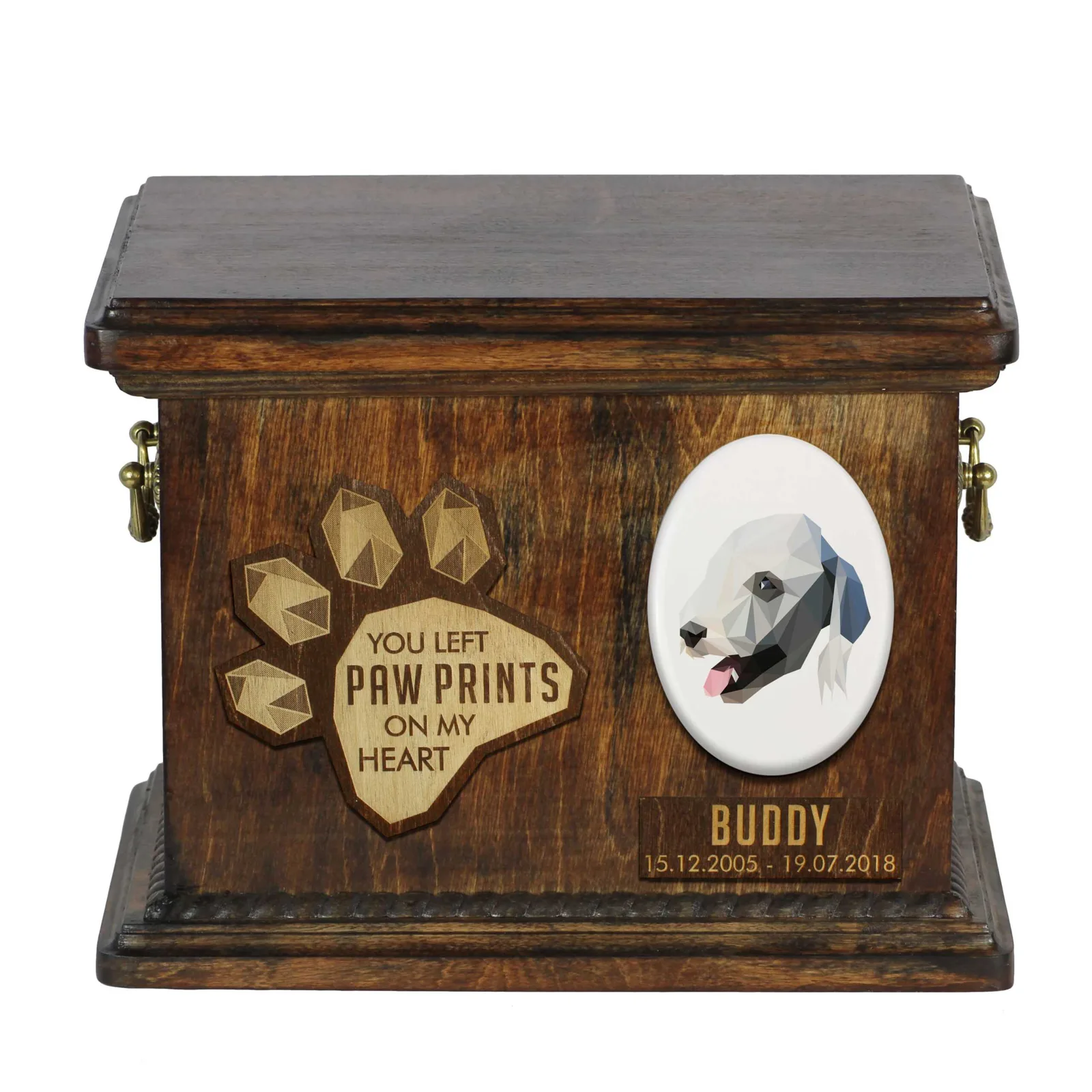 Persoonlijke urn voor Bedlington Terrier met gravure en herdenkingsdoos