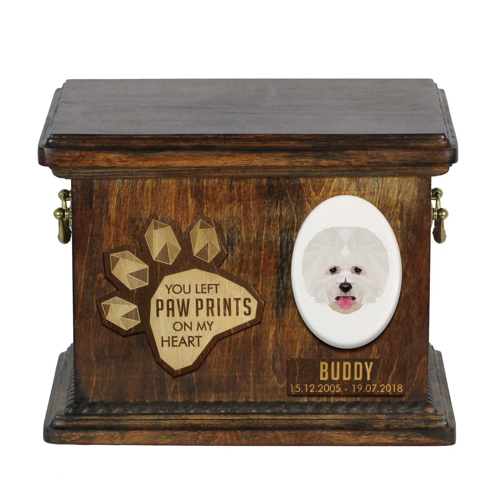 Persoonlijke urn voor Bichon Frise met gravure voor hondenas.