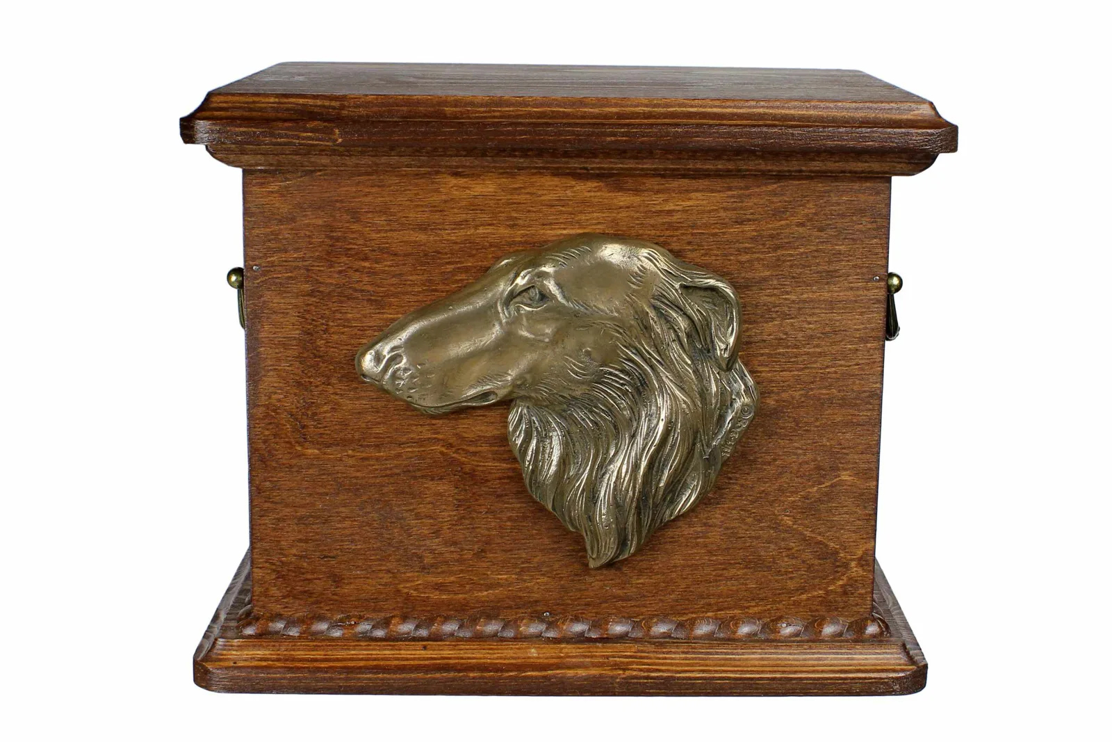 Persoonlijke urn voor Borzoi-hond, met gravure en reliëf voor as.