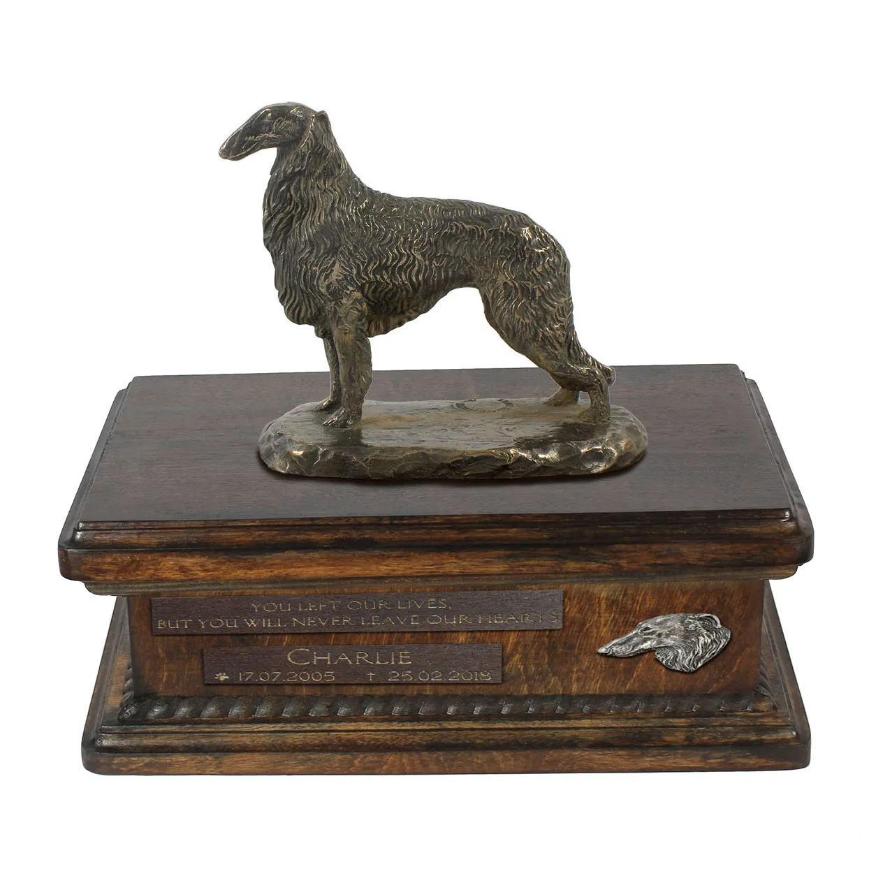 Persoonlijke urn voor Borzoi met beeldje en houten ontwerp