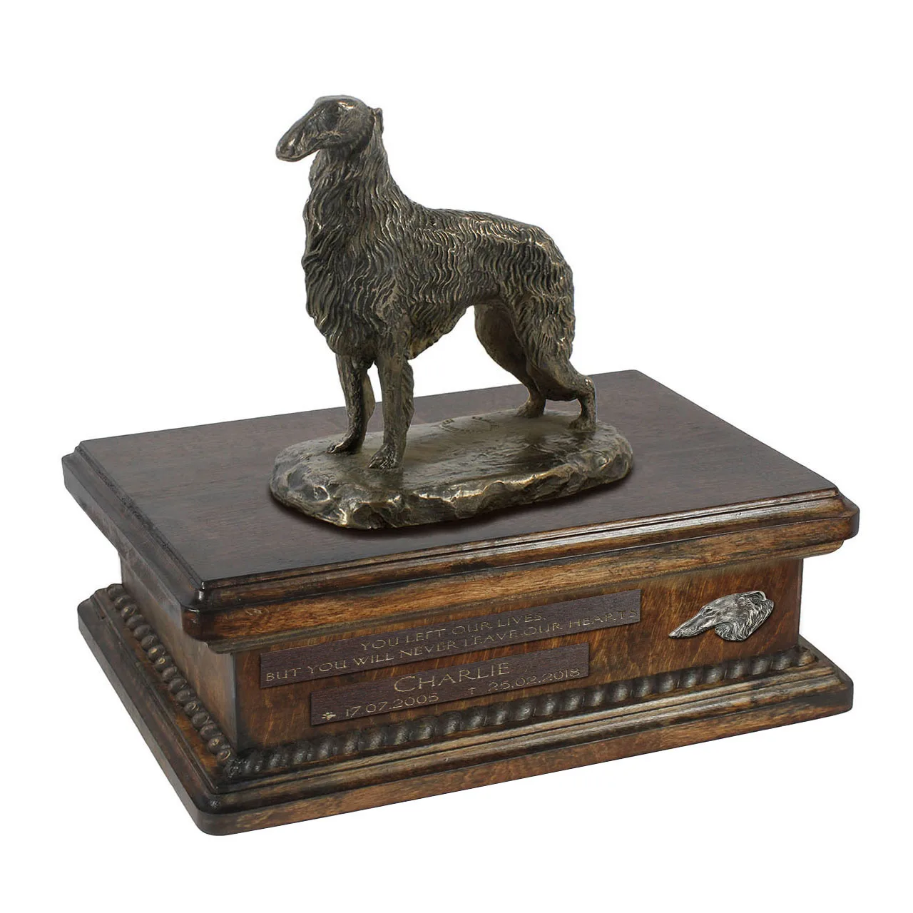 Persoonlijke urn voor Borzoi met beeldje en houten ontwerp — foto 2