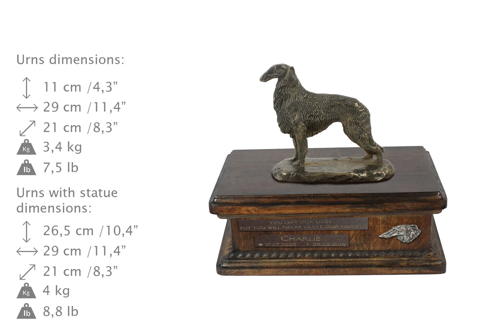 Persoonlijke urn voor Borzoi met beeldje en houten ontwerp — foto 4