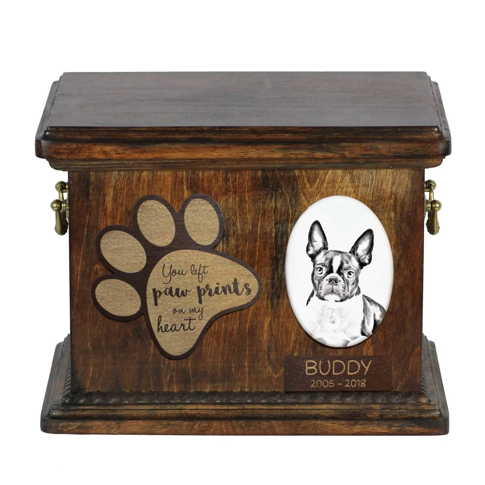 Persoonlijke urn voor Boston Terrier met foto en as van uw hond