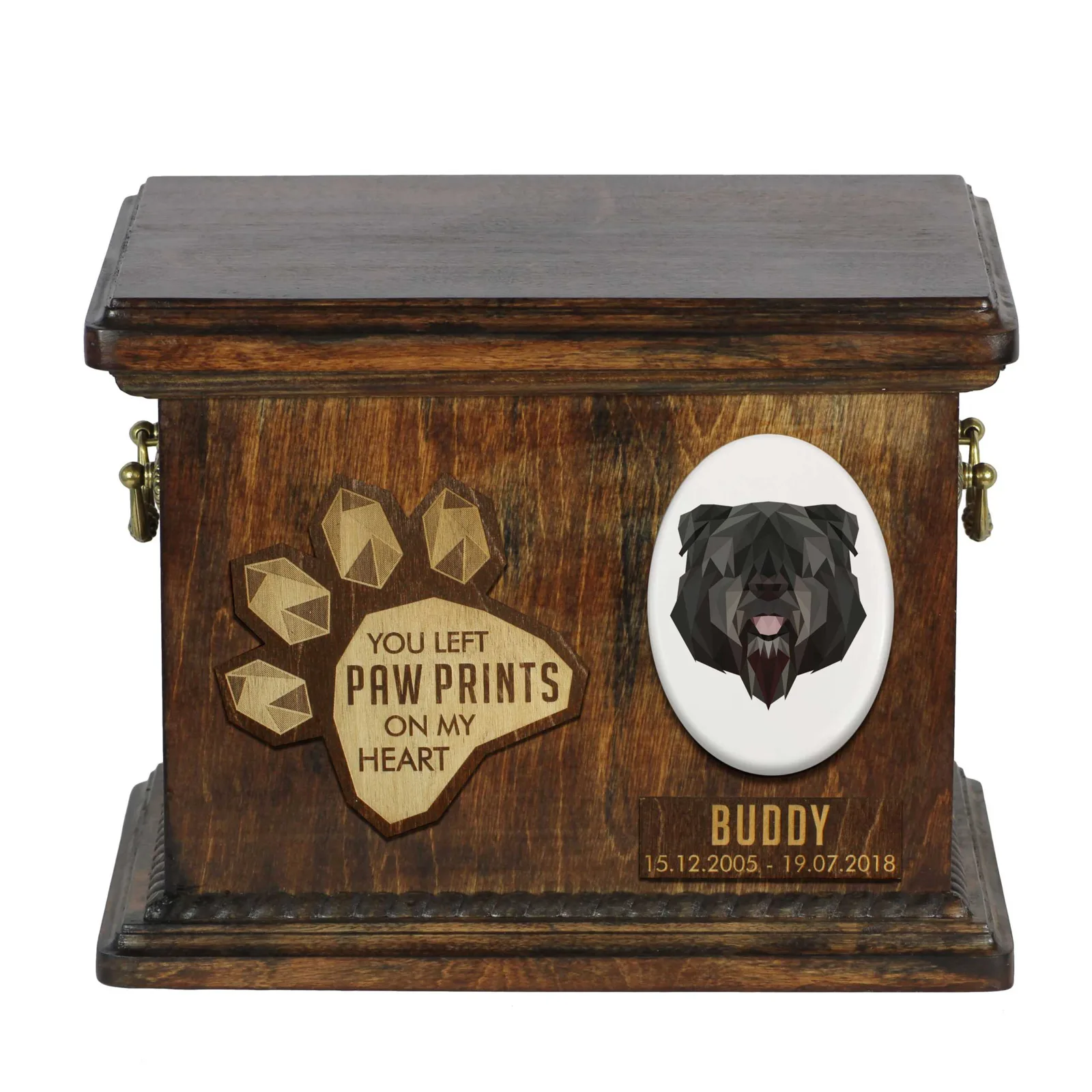 Persoonlijke urn voor Bouvier des Flandres met gravure en herdenkingsdoos