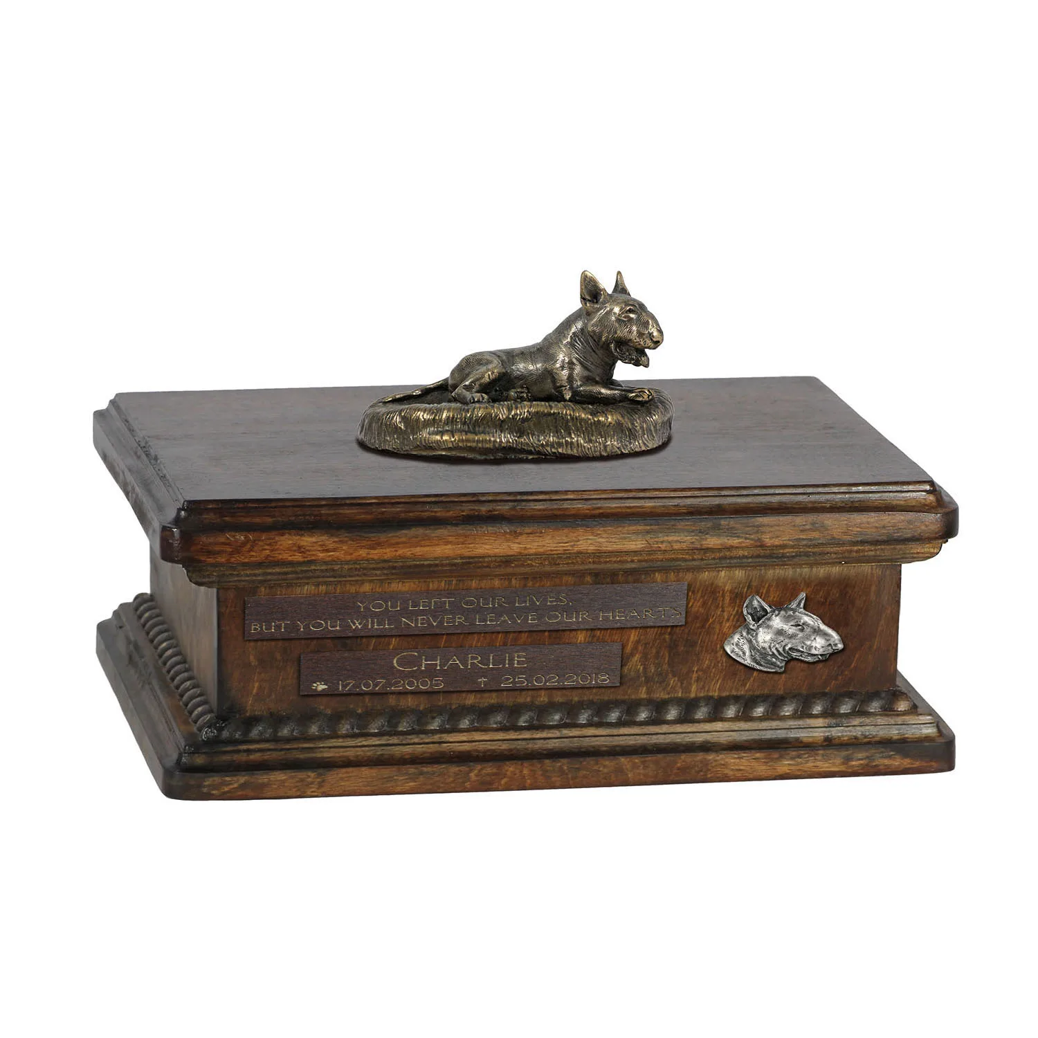 Persoonlijke urn voor Bull Terrier as met beeldje en houten design