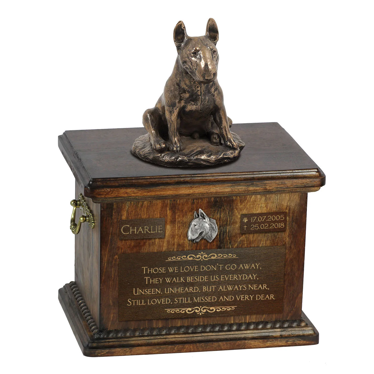Persoonlijke urn voor Bull Terrier as met beeldje