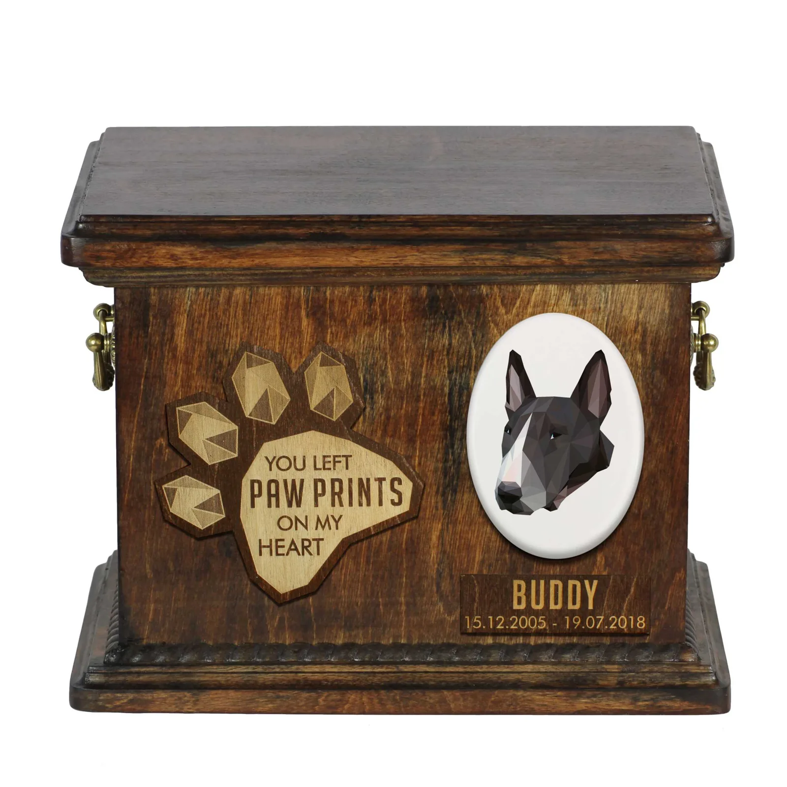 Persoonlijke urn voor Bull Terrier as, met gravure en gedenkdoos