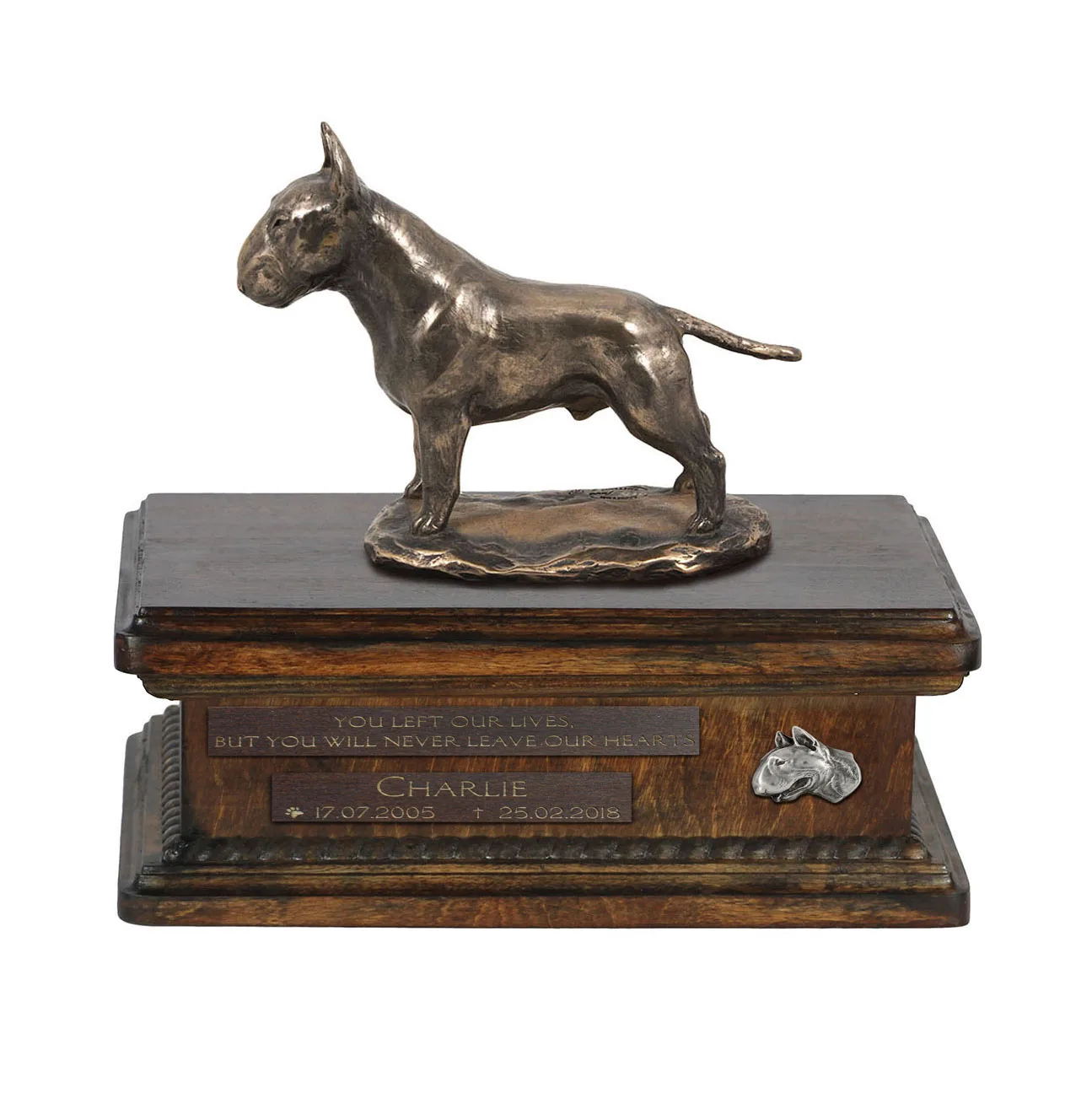 Persoonlijke urn voor Bull Terrier as met houten beeldje