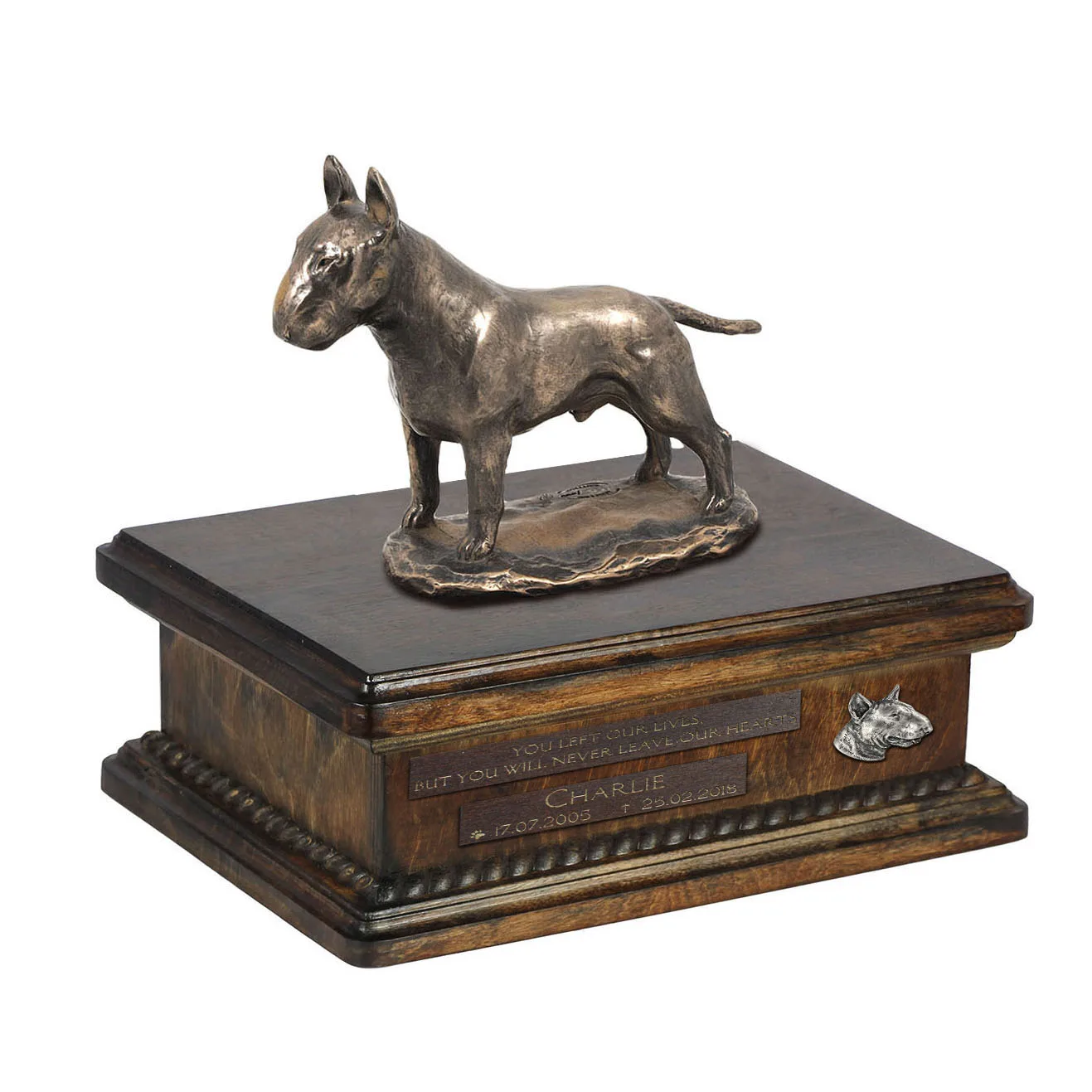 Persoonlijke urn voor Bull Terrier as met houten standbeeld — foto 2