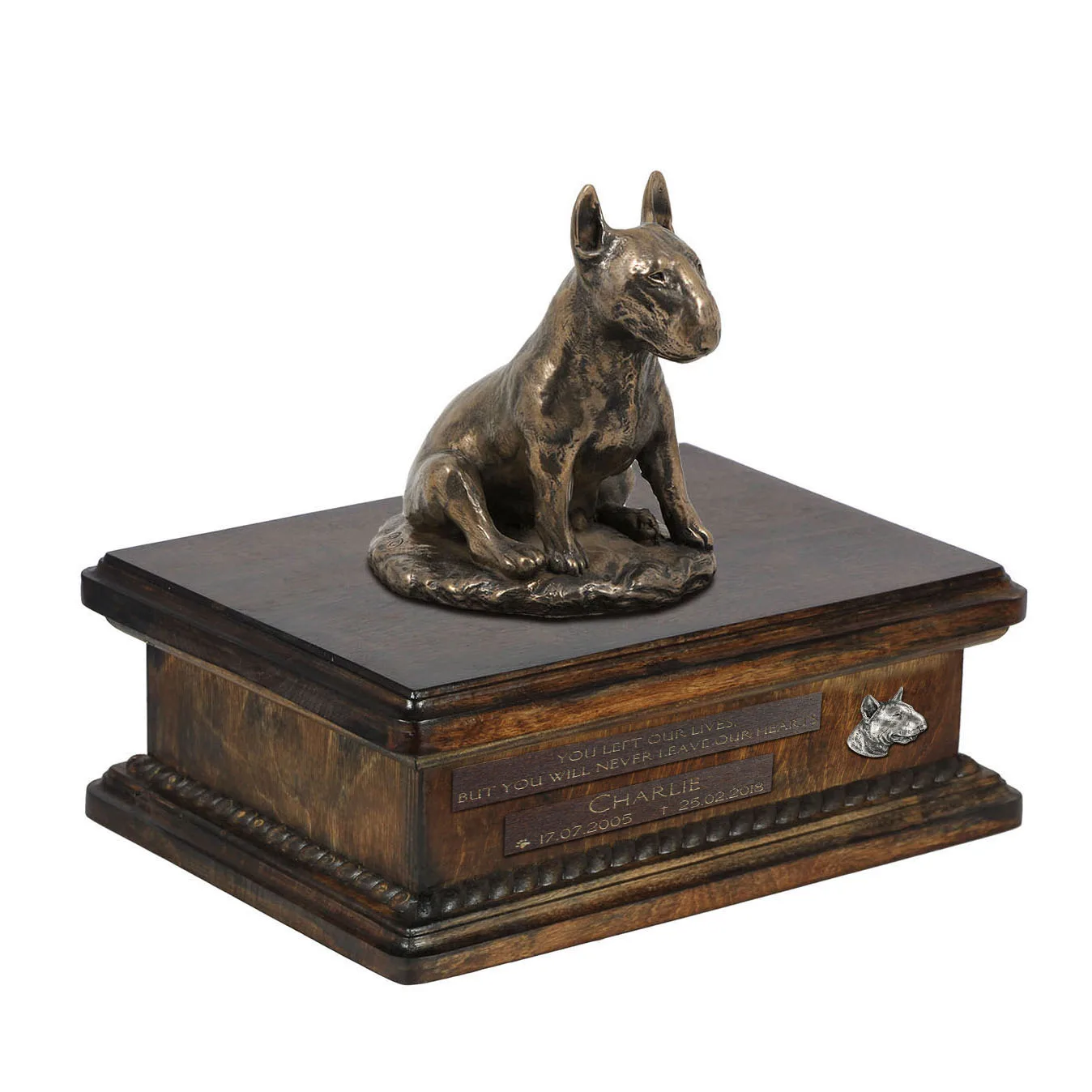 Persoonlijke urn voor Bull Terrier – houten urn met hondenstandbeeld — foto 2