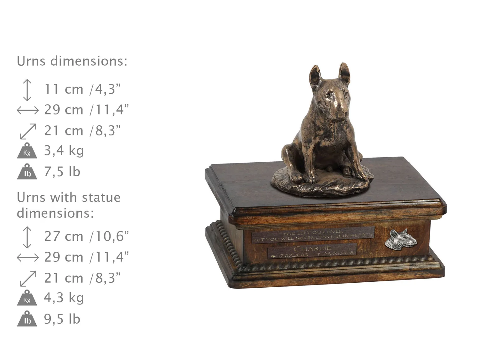Persoonlijke urn voor Bull Terrier – houten urn met hondenstandbeeld — foto 4