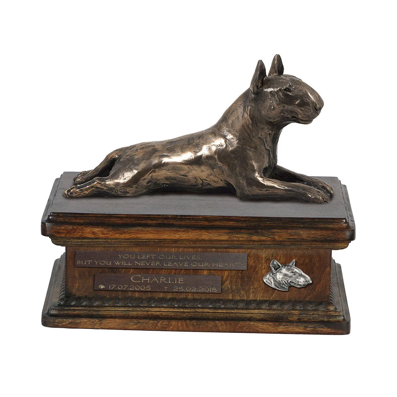 Persoonlijke urn voor Bull Terrier met beeldje en houten design
