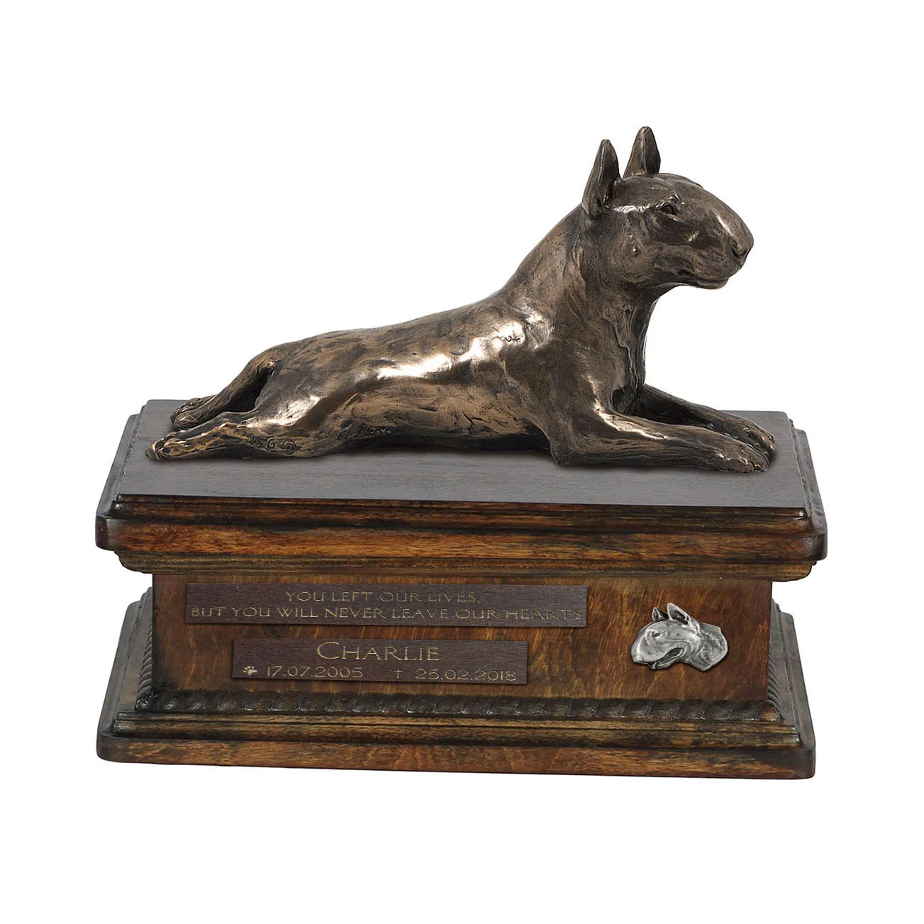 Persoonlijke urn voor Bull Terrier met beeldje en houten design