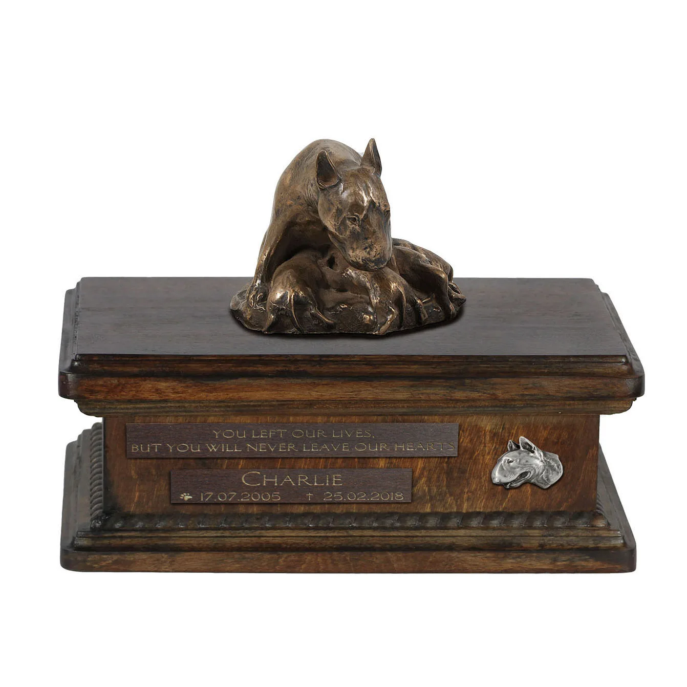 Persoonlijke urn voor Bull Terrier met beeldje en houten design