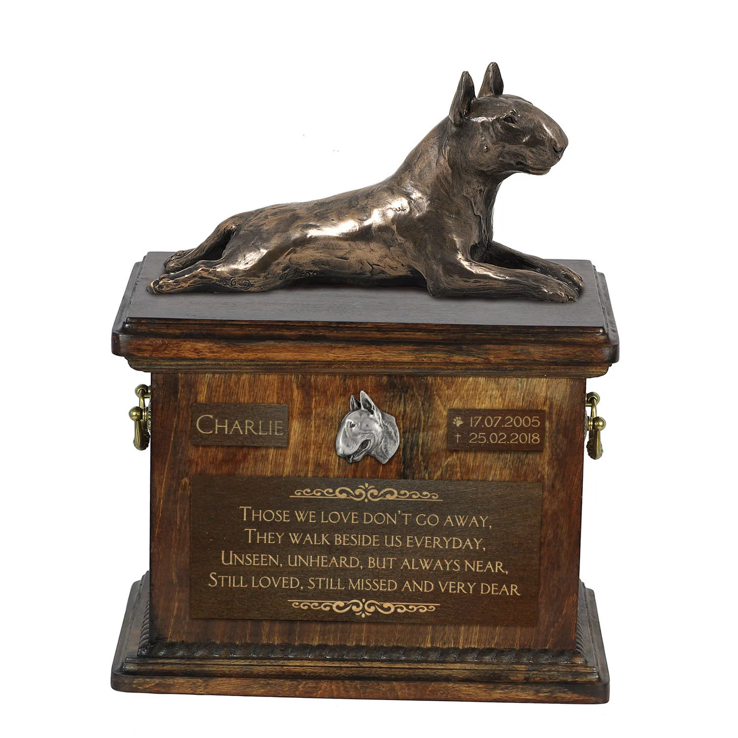 Persoonlijke urn voor Bull Terrier met beeldje voor hondenas.