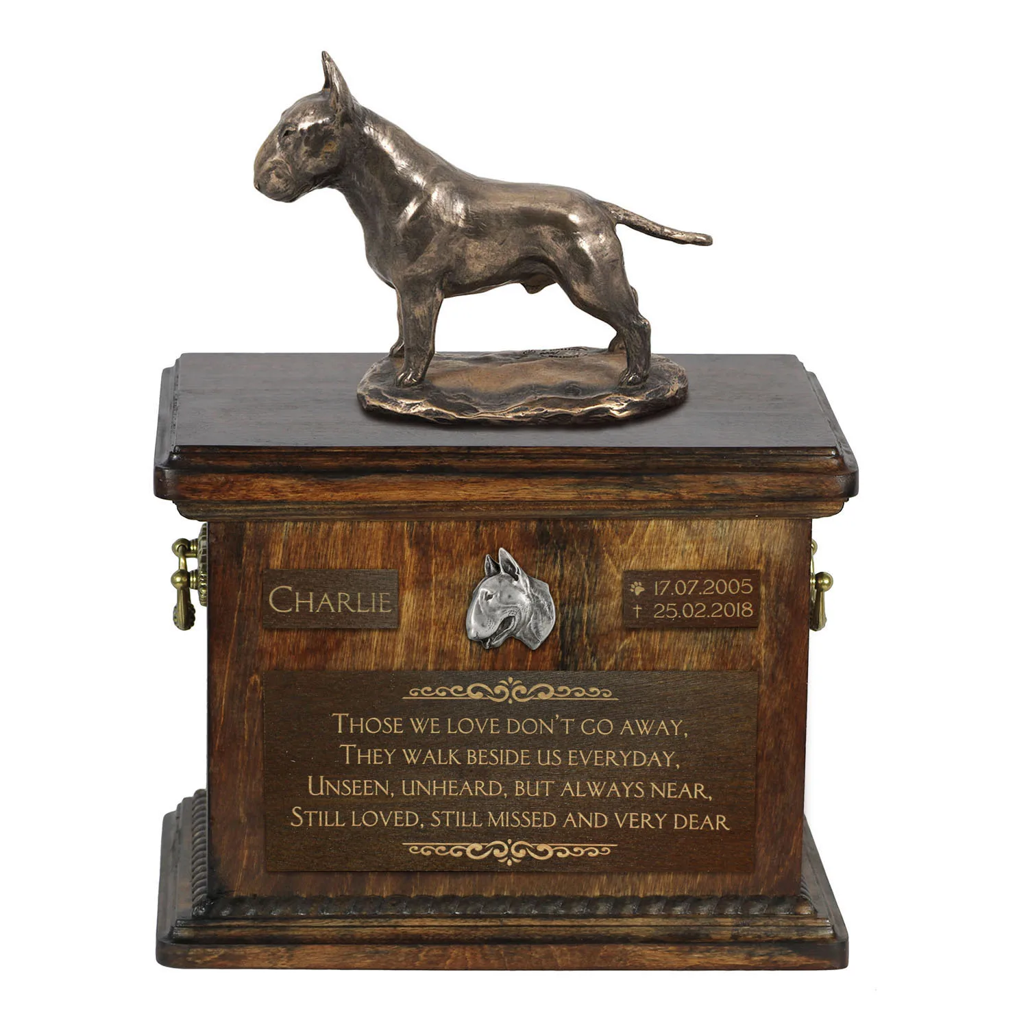 Persoonlijke urn voor Bull Terrier met beeldje voor hondenas.