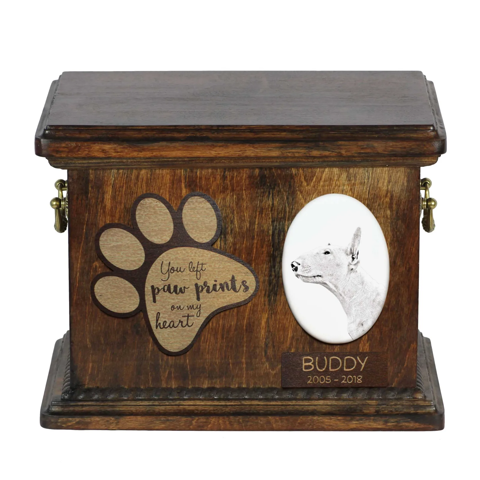 Persoonlijke urn voor Bull Terrier met foto en as van uw hond