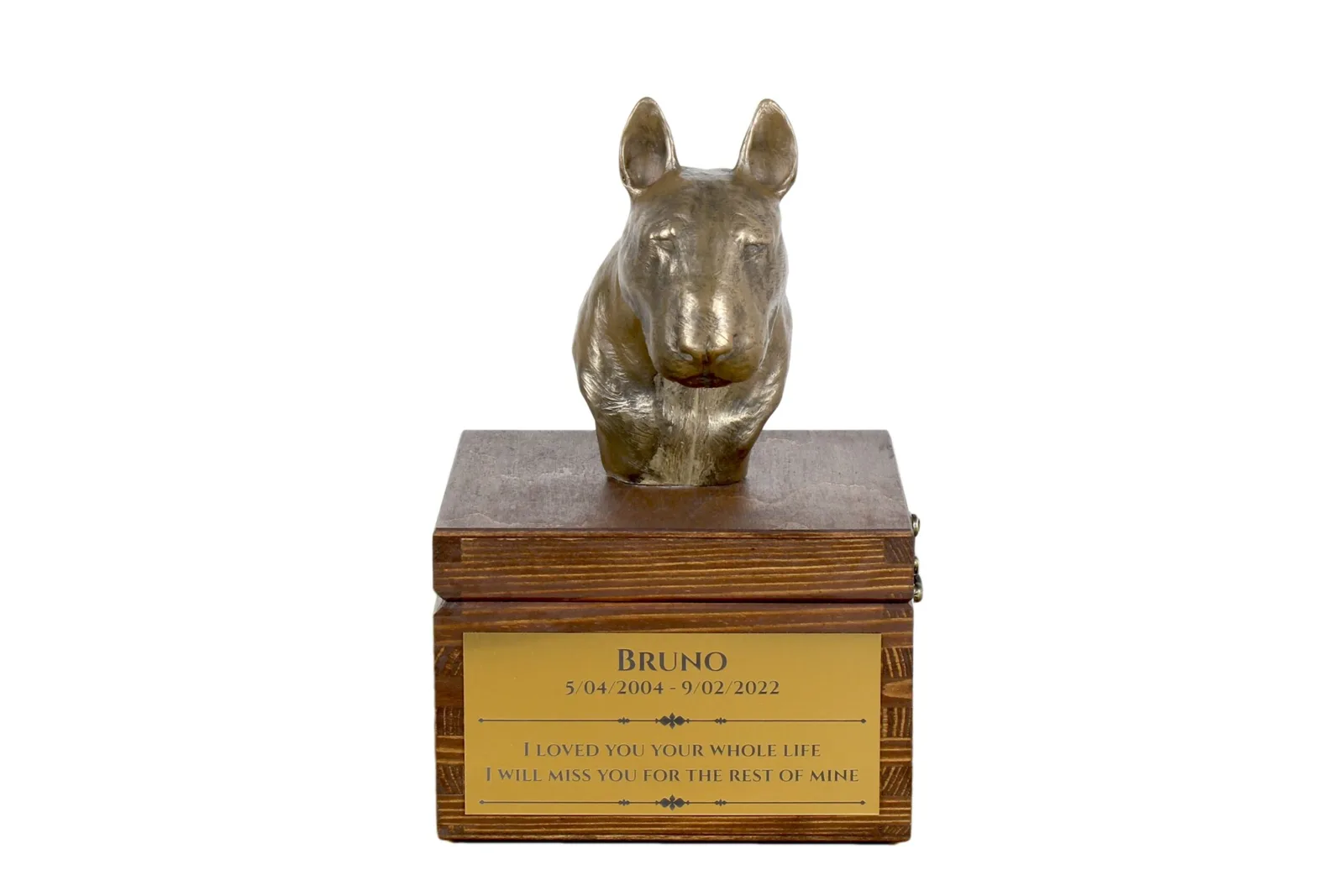 Persoonlijke urn voor Bull Terrier met hondenstandbeeld
