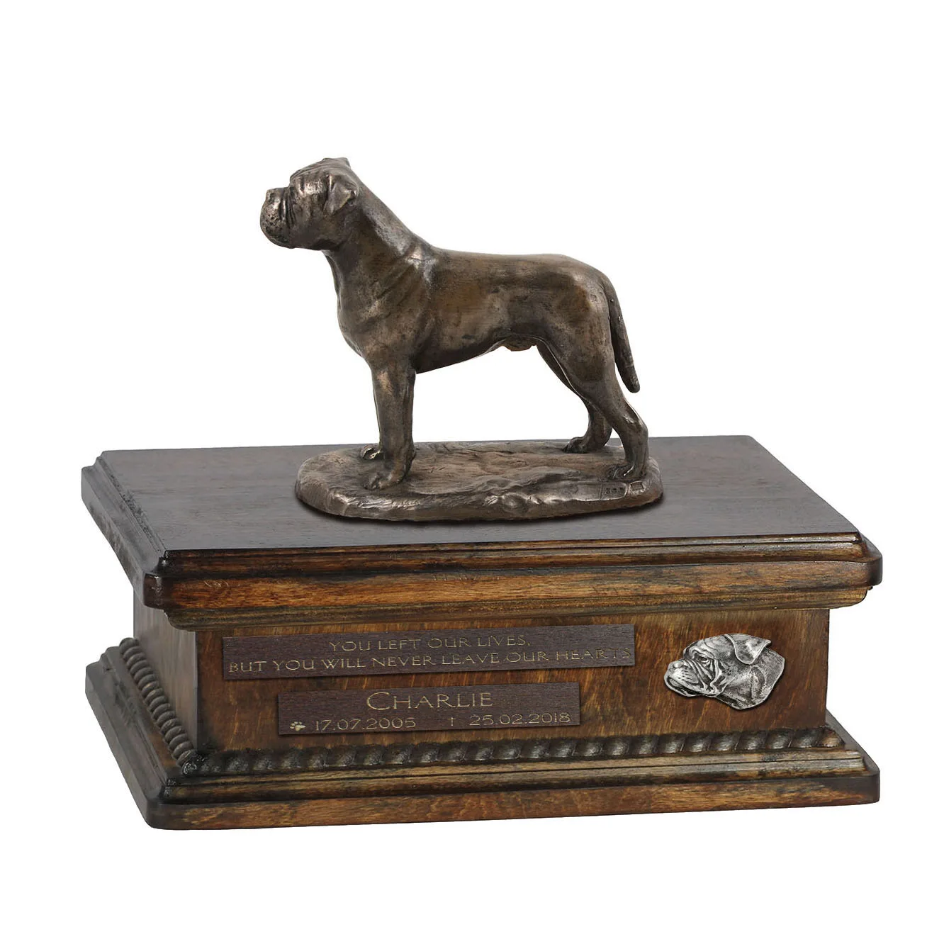 Persoonlijke urn voor Bullmastiff met beeldje en houten design