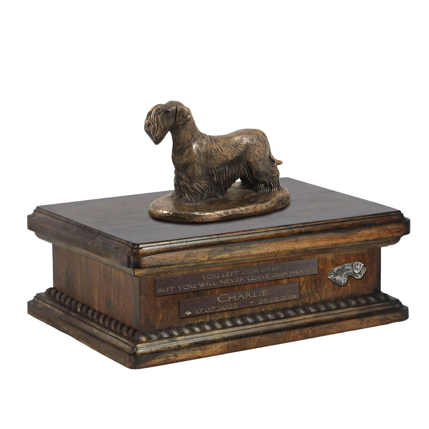 Persoonlijke urn voor Cesky Terrier met beeldje en houten design