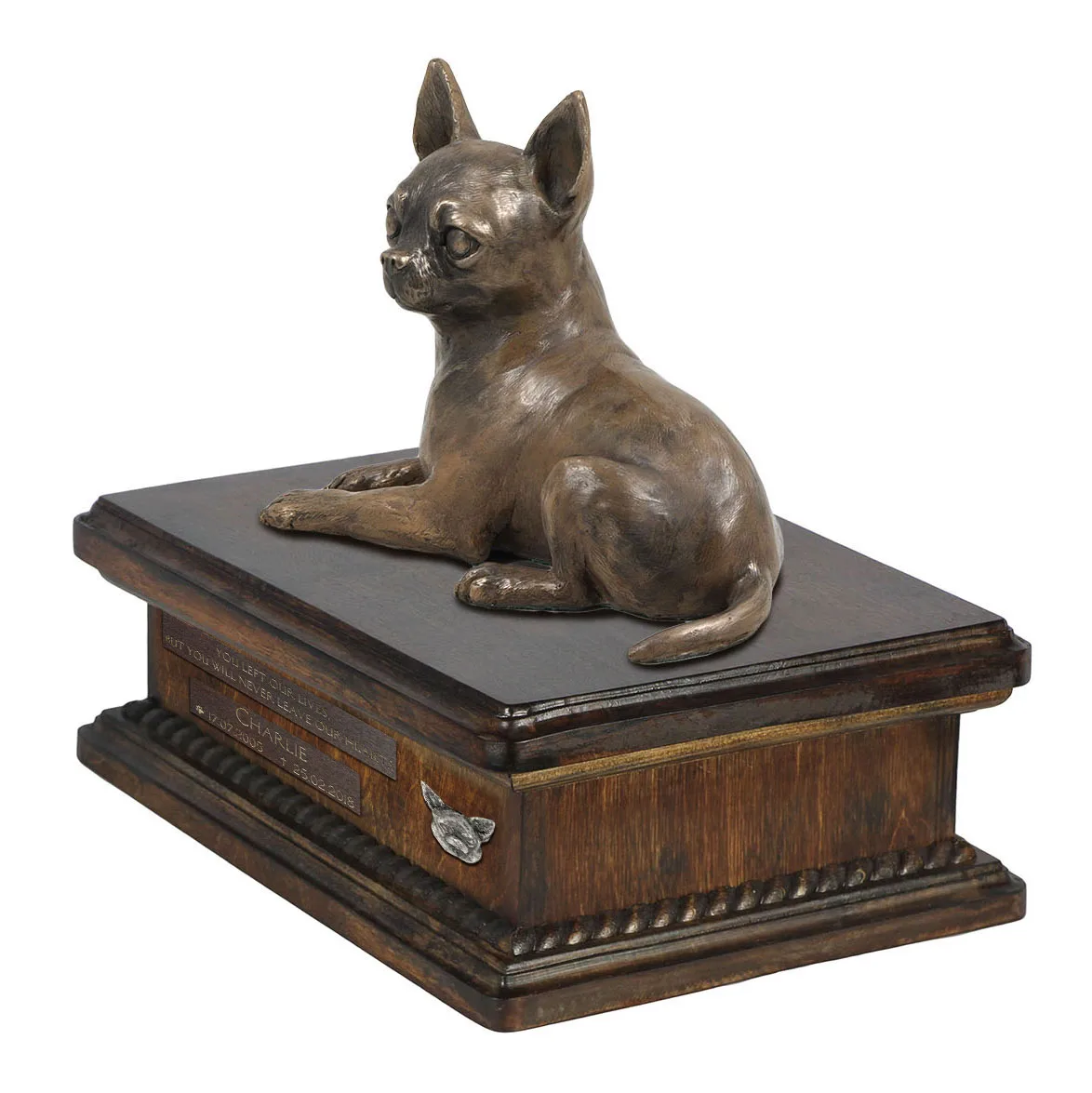 Persoonlijke urn voor Chihuahua met beeldje en houten design