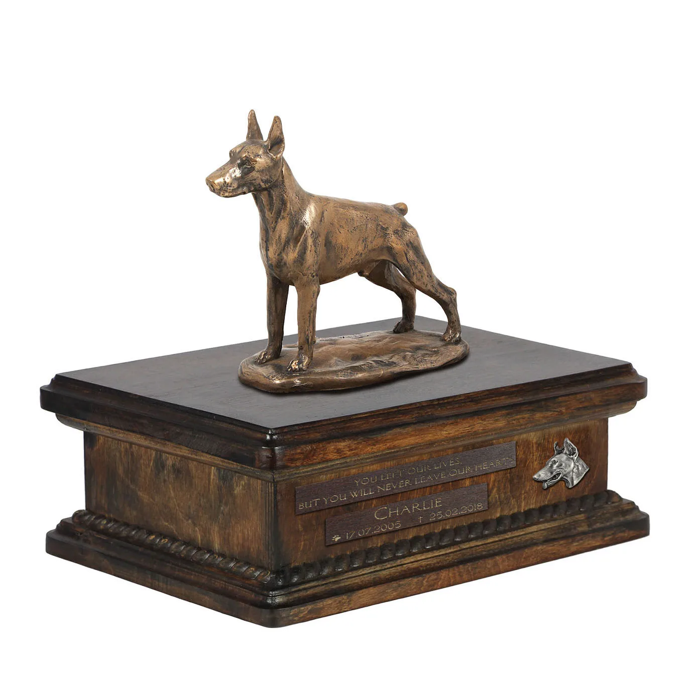 Persoonlijke urn voor Dobermann met beeldje en houten design