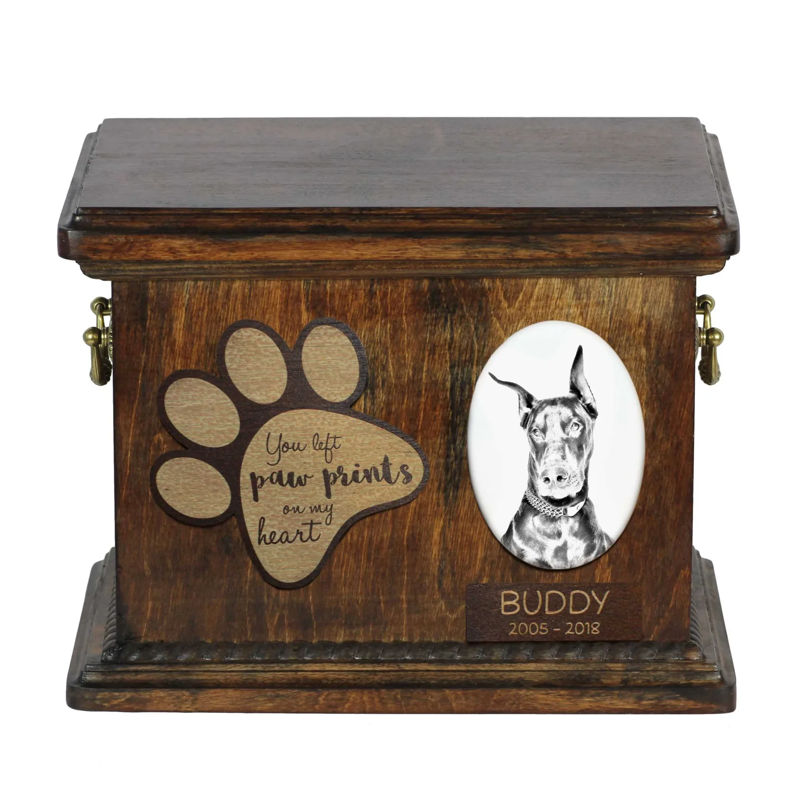 Persoonlijke urn voor Dobermann met foto en as van uw hond